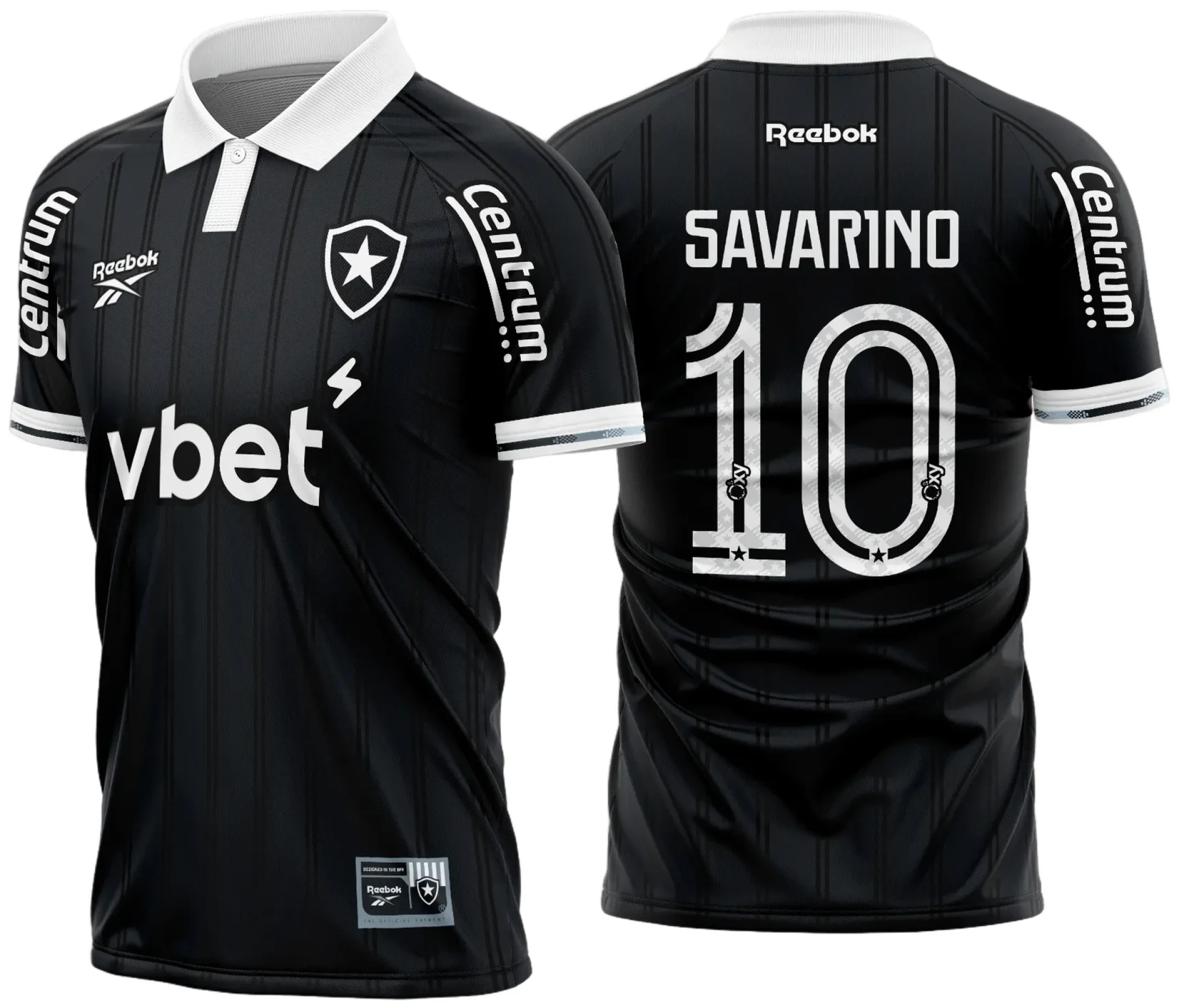 Camiseta preta unissex com logo do Botafogo no peito e estampa grande nas costas, mostrando o design da camisa reserva 2025 2026 com cores e detalhes marcantes.
