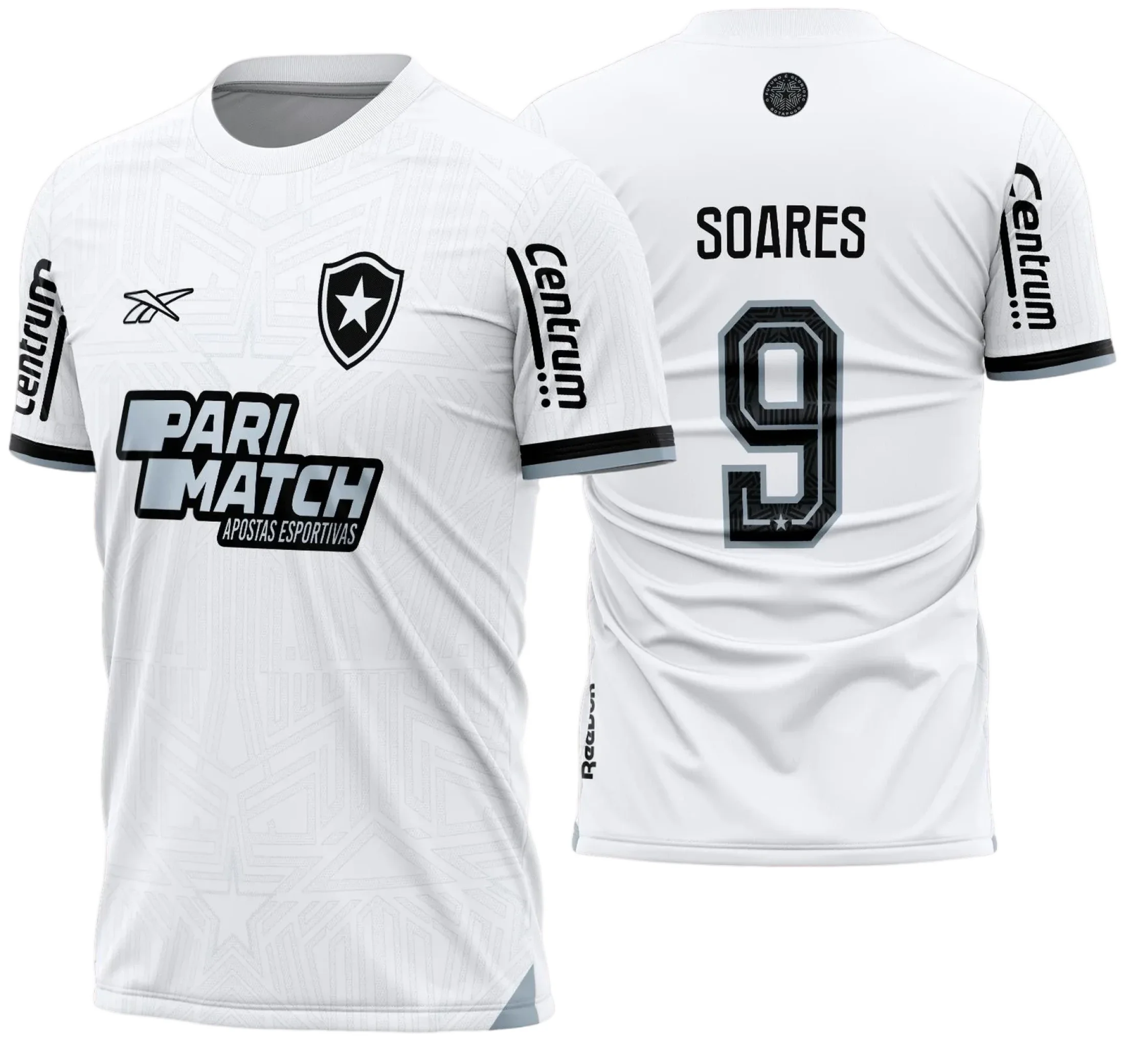 Uniforme de futebol personalizado, projetado para times amadores ou profissionais, com design moderno e arrojado. Apresenta uma combinação de cores contrastantes, logotipo ou escudo do time em destaque no peito, e detalhes gráficos na frente e nas mangas. Na parte traseira, há espaço para personalização com nome e número do jogador, garantindo identidade ao time. Ideal para jogos oficiais, amistosos ou competições, oferecendo estilo e funcionalidade.