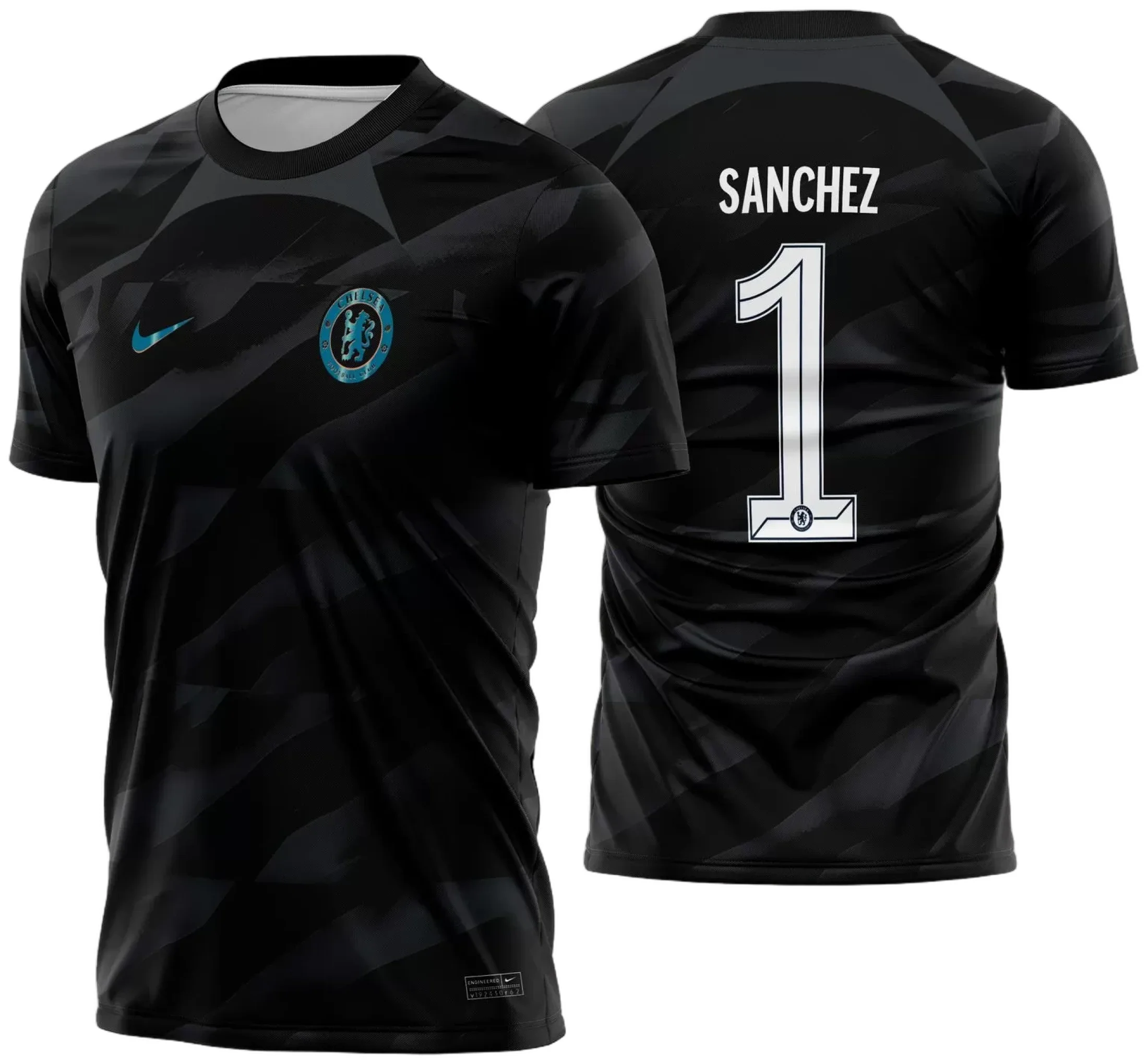 Camiseta unissex preta com logo no peito e estampa grande nas costas do goleiro Chelsea temporada 2023-2024, ideal para fãs do time e personalização exclusiva.