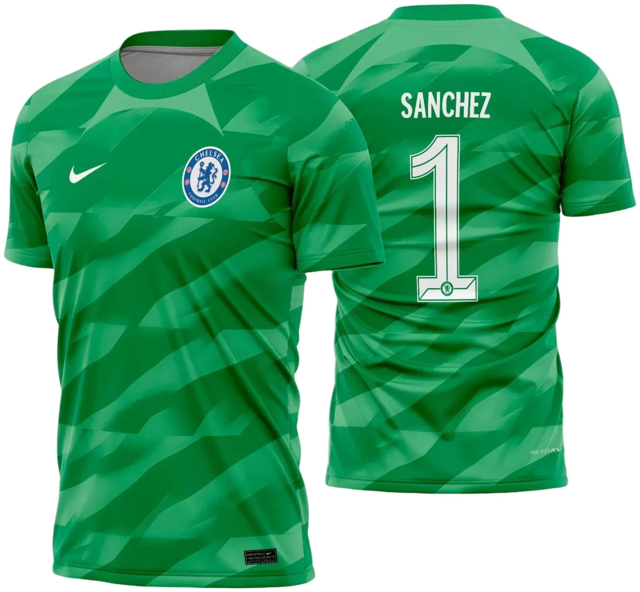 Camiseta unissex preta com logo no peito e estampa grande nas costas inspirada na camisa Chelsea goleiro 2023 2024, ideal para fãs do time, destacando estilo moderno e esportivo.