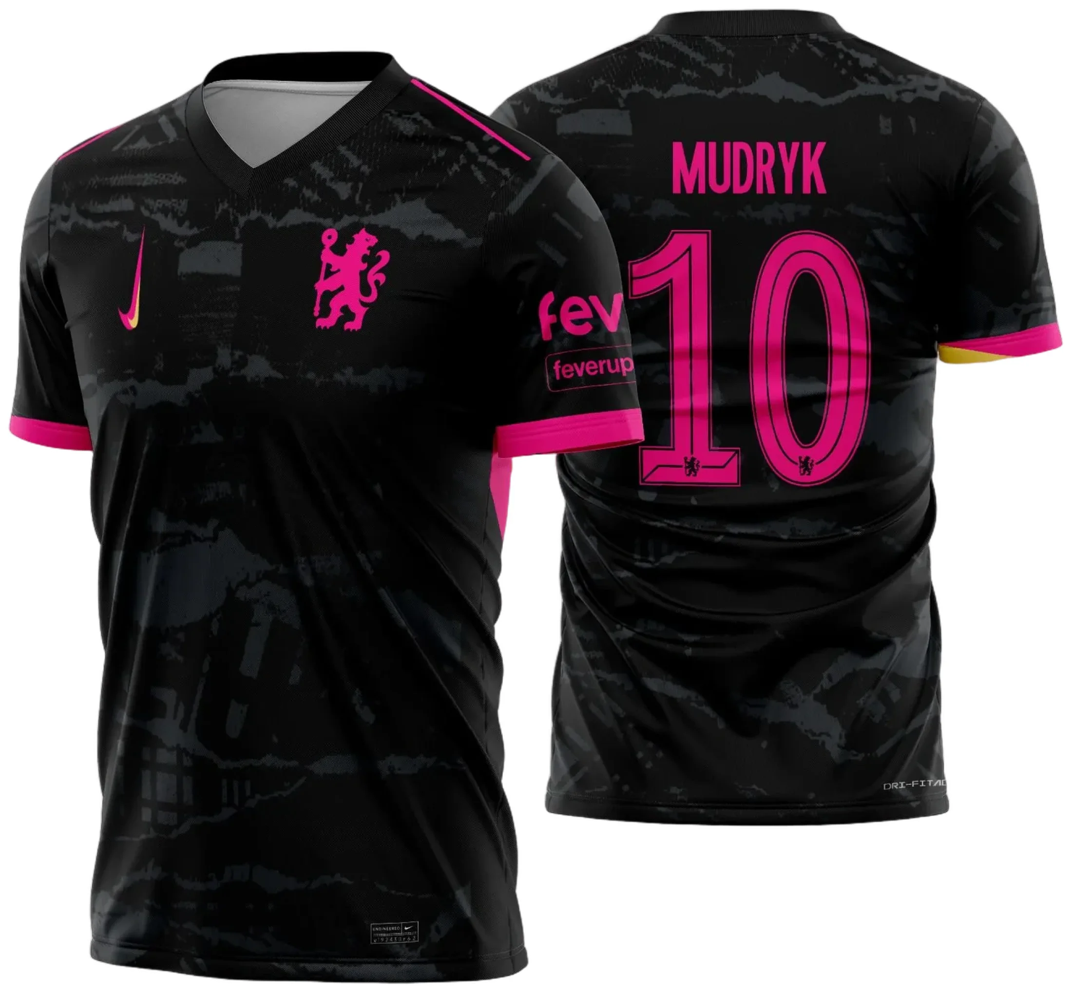 Camiseta unissex preta com logo no peito e estampa grande nas costas temática Chelsea Terceira 2024 2025, design moderno e vibrante, ideal para fãs do time.