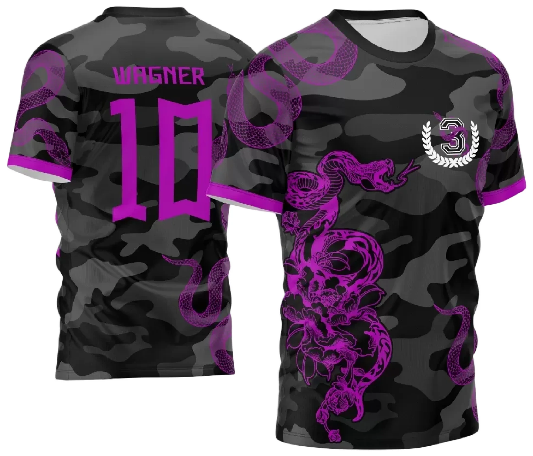 Camiseta unissex preta com logo no peito e estampa grande nas costas mostrando cobra com conceito de camuflagem 2024, estilo moderno e impactante para todas as ocasiões.