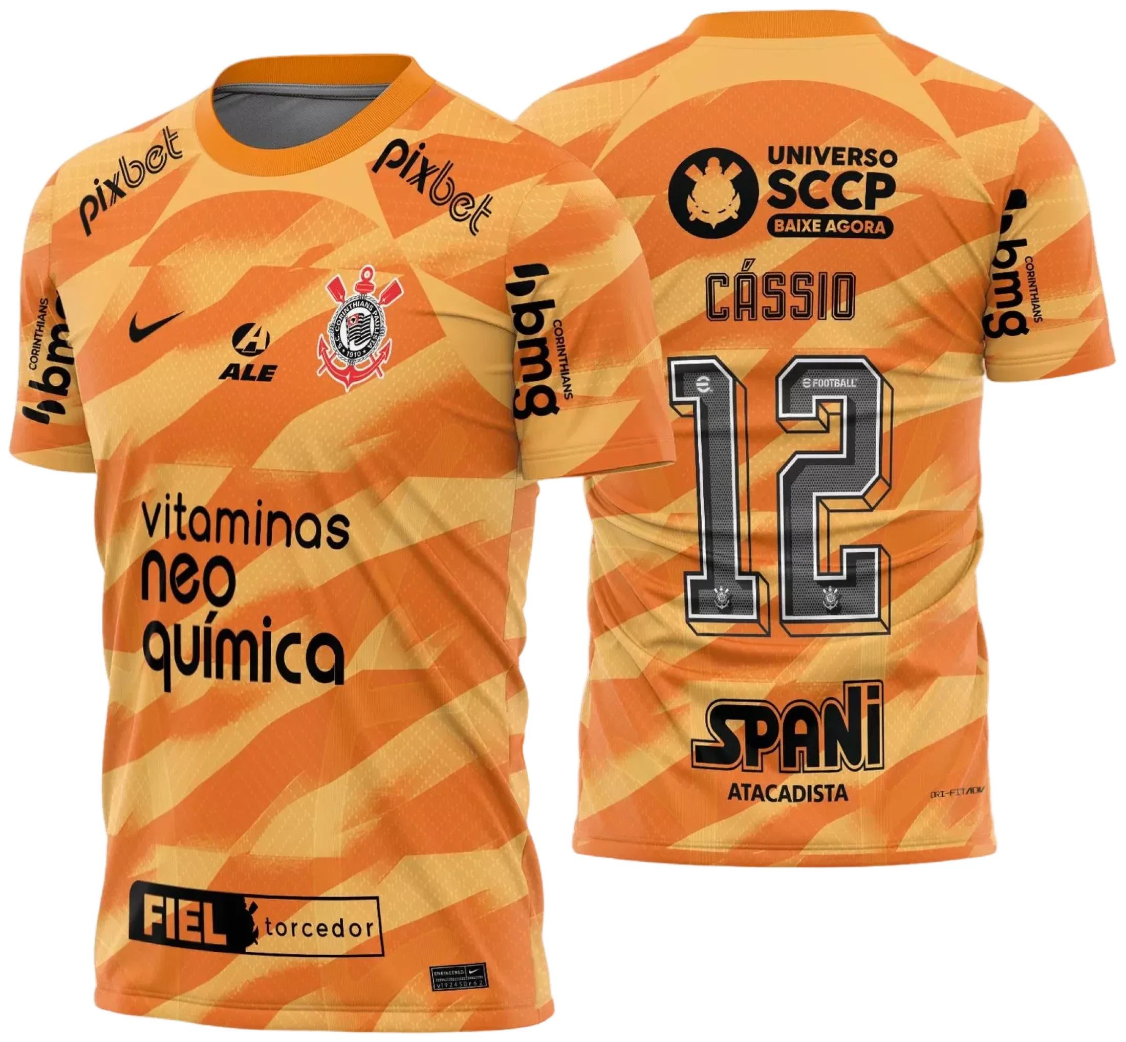 Camiseta preta unissex com logo do Corinthians no peito e estampa grande nas costas, destacando o tema goleiro Corinthians 2023 2024, estilo moderno e esportivo.