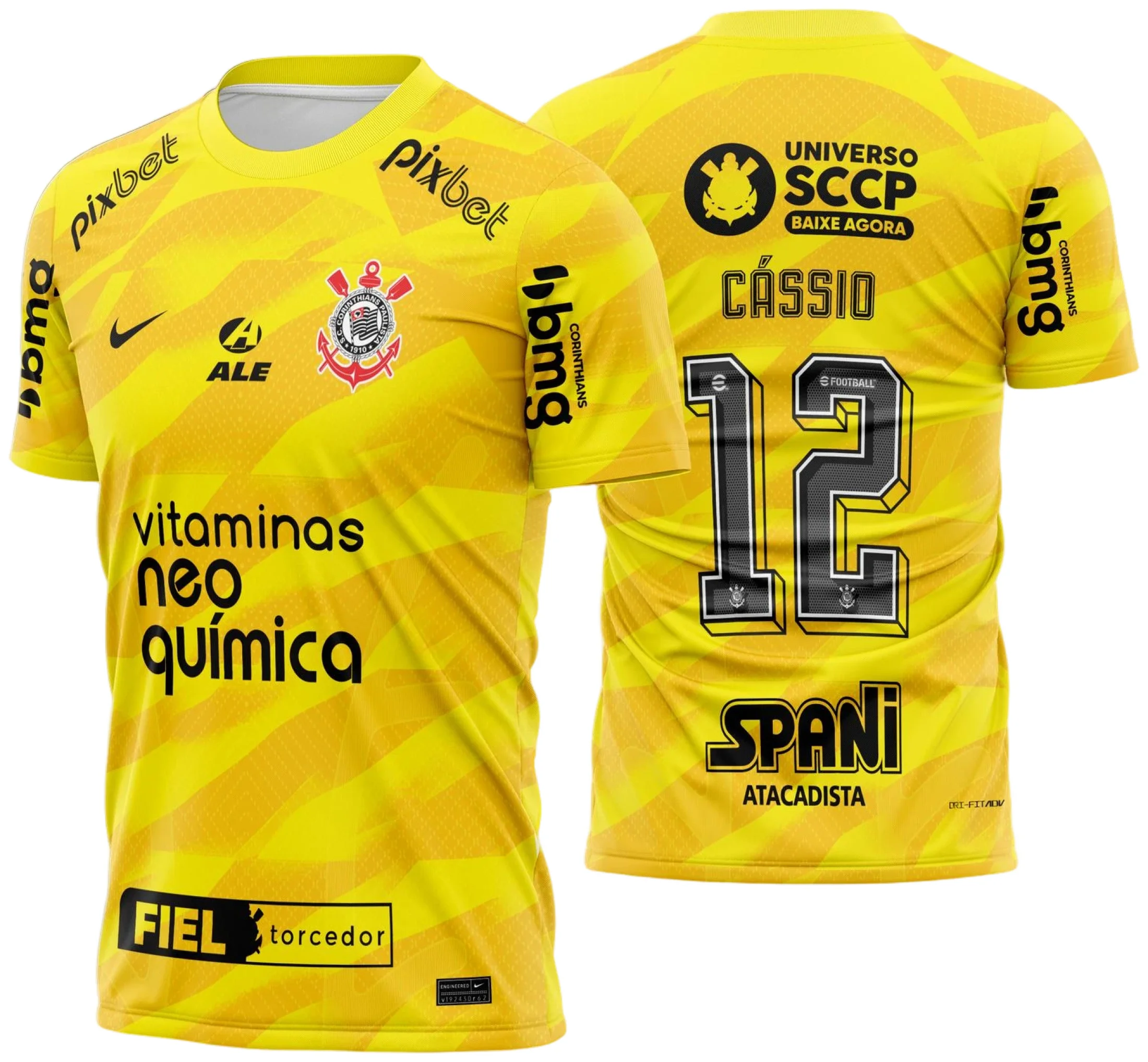 Camiseta unissex preta com logo do Corinthians no peito e estampa grande nas costas destacando o goleiro na temporada 2023-2024, ideal para torcedores vibrarem com estilo.