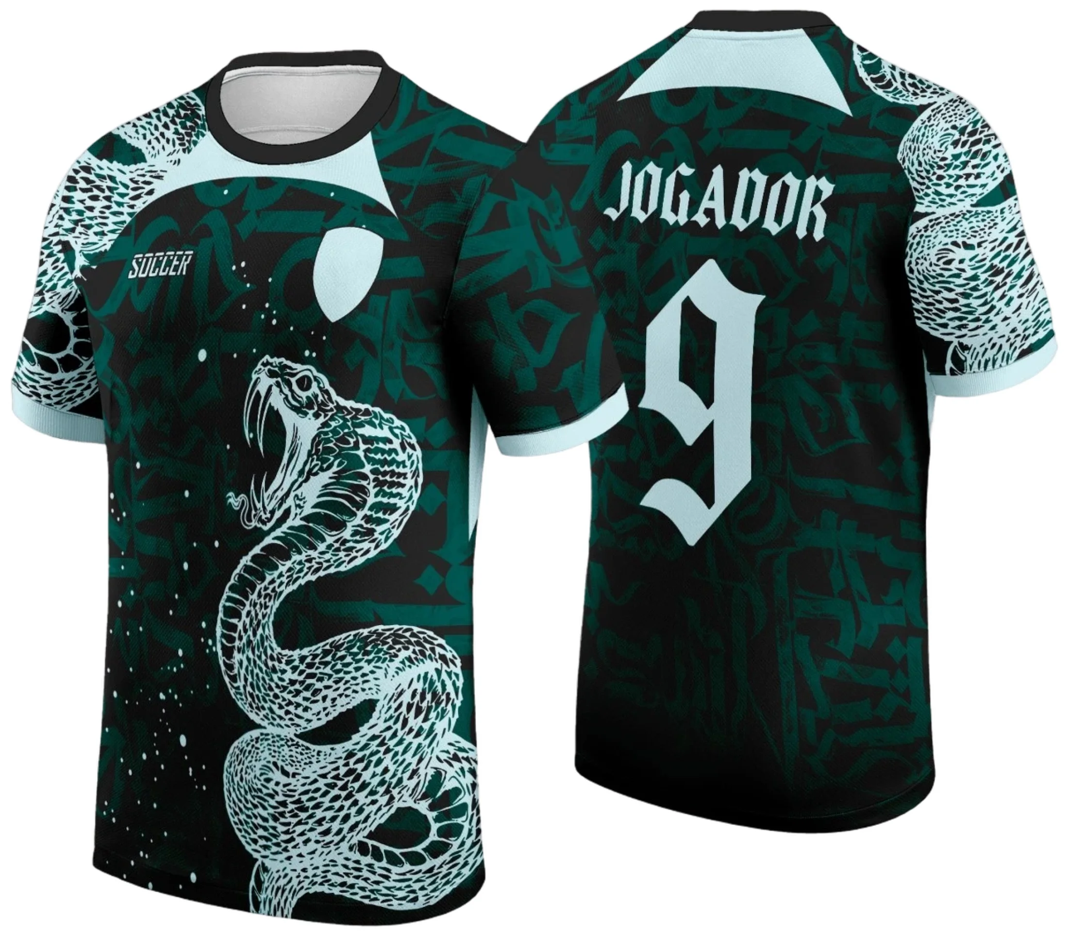 Camiseta unissex preta com logo no peito e estampa grande nas costas, tema Camisa de Interclasse 2024 2025 Cobra, design moderno e vibrante para eventos escolares.