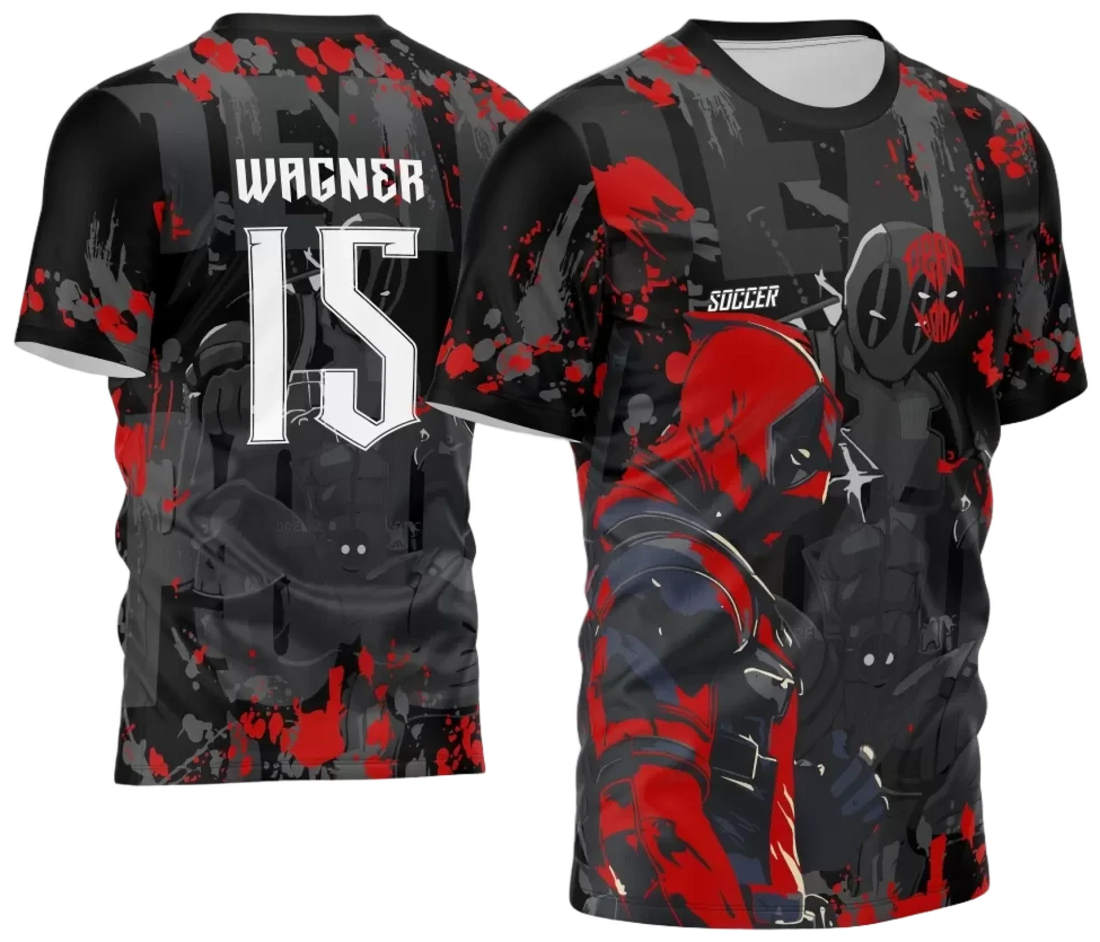 Camiseta unissex preta com logo no peito e estampa grande nas costas do personagem Deadpool na temática Interclasse 2024 2025, ideal para eventos escolares e confraternizações.