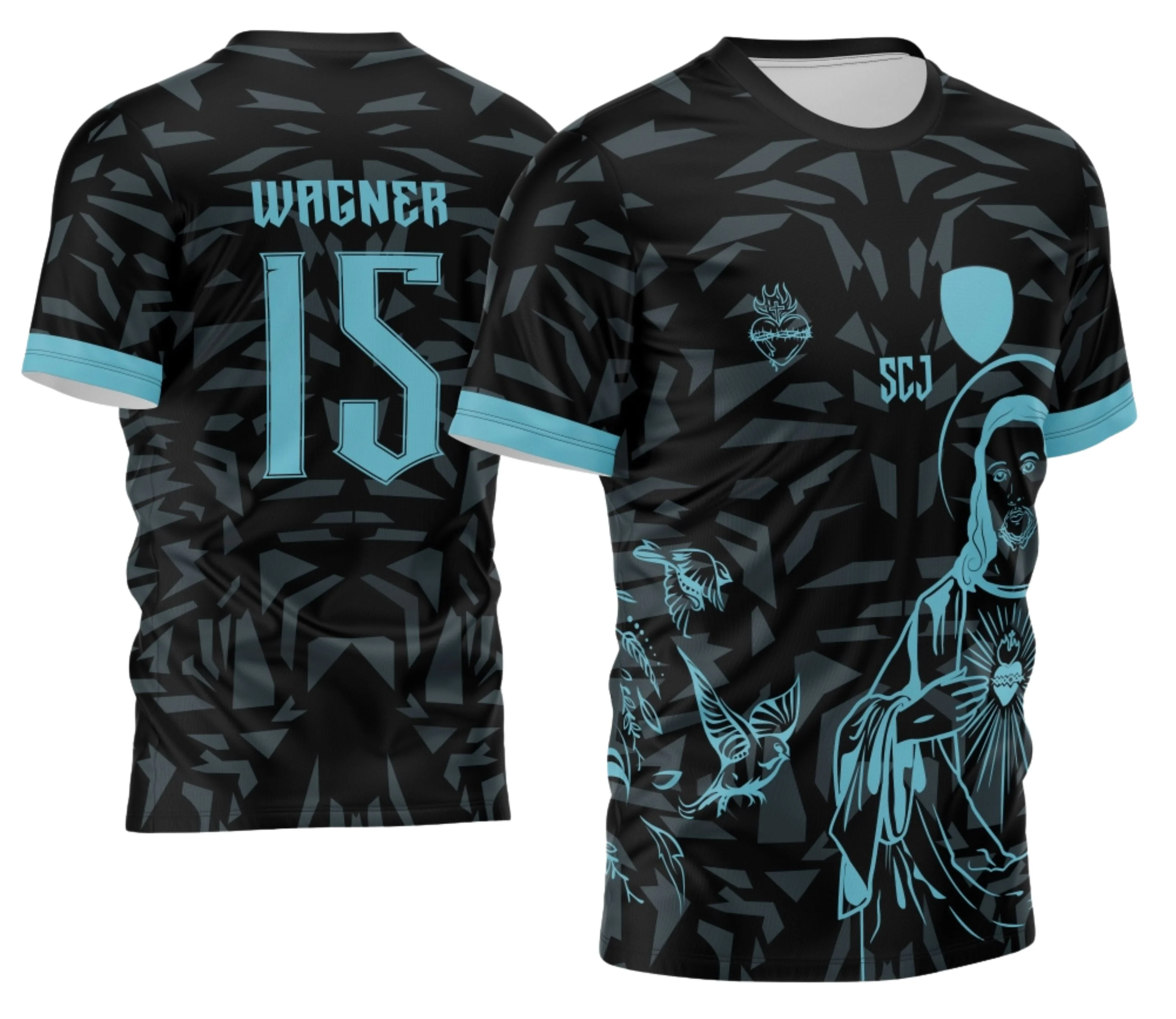 Camiseta unissex preta com logo no peito e estampa grande nas costas com tema Jesus para Interclasse 2024-2025, ideal para eventos escolares.