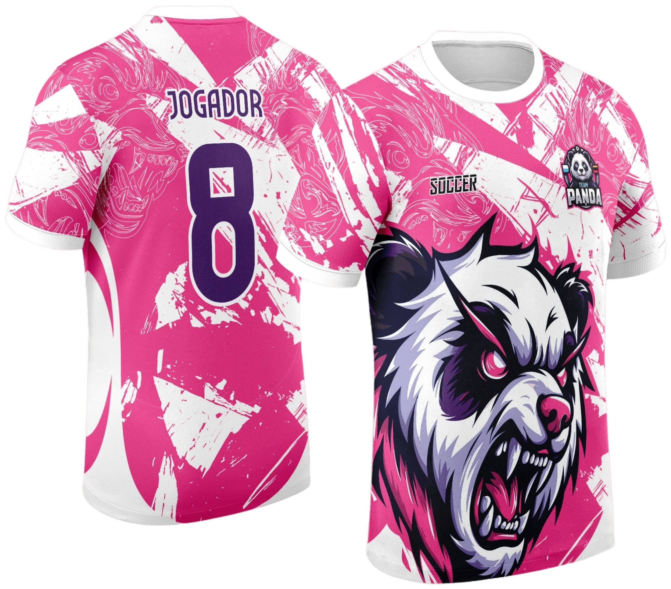 Camiseta unissex preta com logo no peito e estampa grande nas costas, tema Camisa de Interclasse 2024 2025 Panda Rosa, ideal para estudantes e eventos escolares.