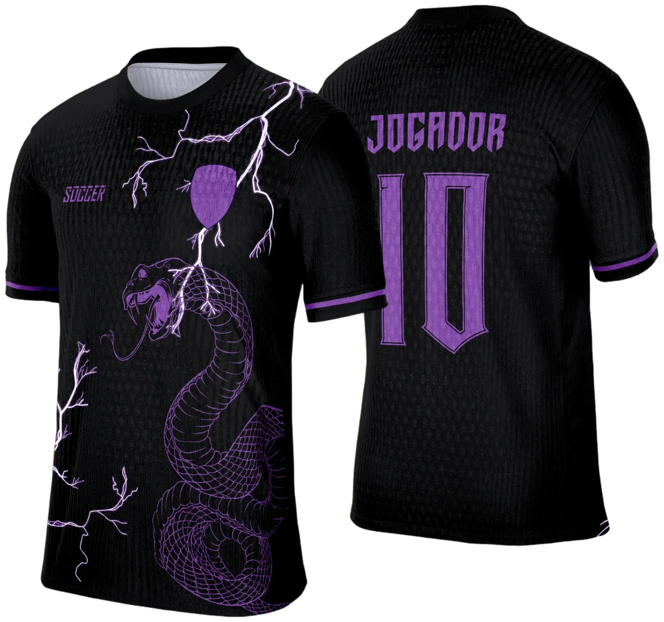 Camiseta unissex preta com logo no peito e estampa grande nas costas, trazendo o tema Cobra Roxa da Interclasse 2025 para um visual cheio de atitude.