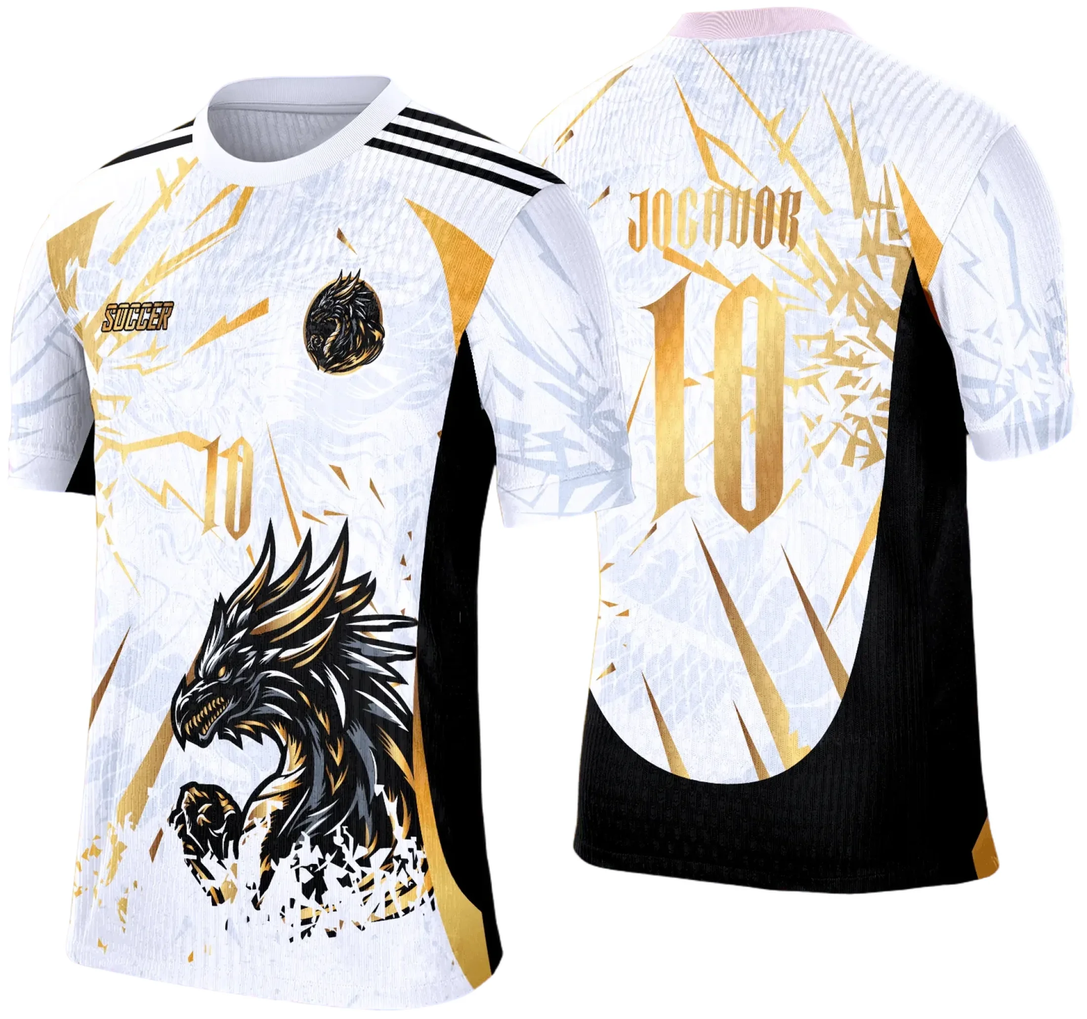 Camiseta unissex preta com logo no peito e estampa grande nas costas mostrando um dragão branco e dourado estilizado, ideal para o tema Interclasse 2025.
