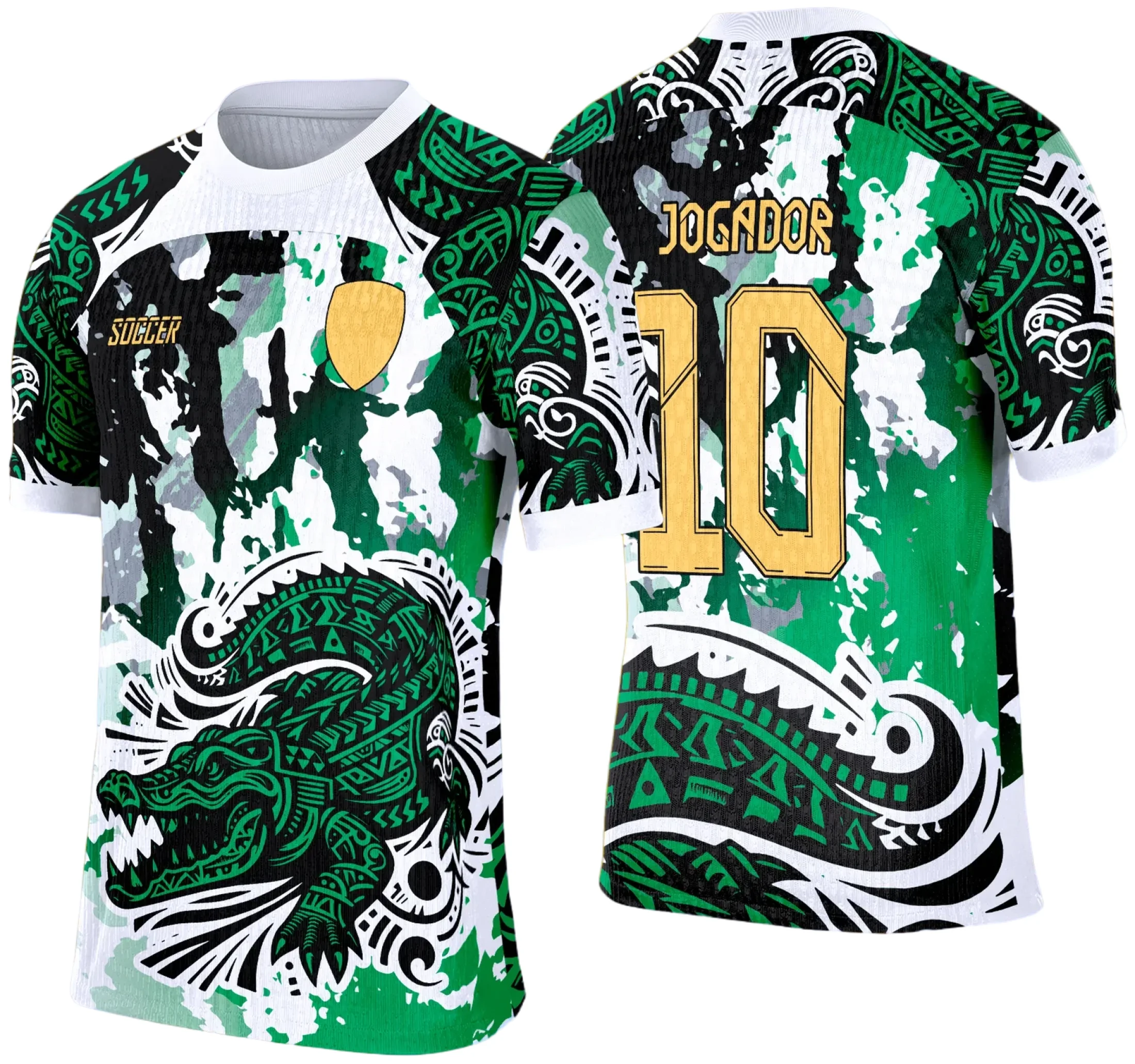 Camiseta unissex branca com logo no peito e estampa grande nas costas de jacaré branco e verde, ideal para eventos escolares e times de interclasse.