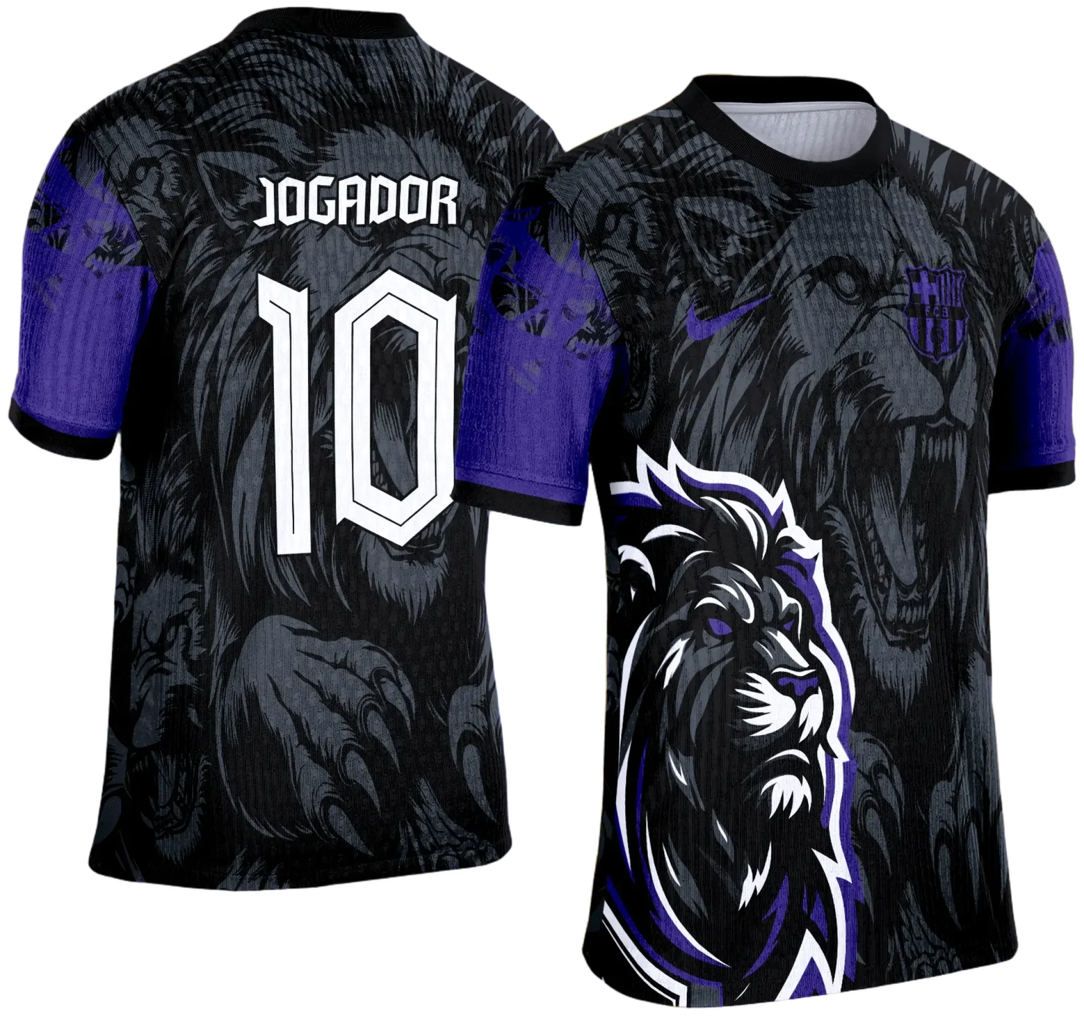 Camiseta unissex preta com logo no peito e estampa grande nas costas que destaca um leão majestoso, ideal para eventos e turmas interclasse 2025.