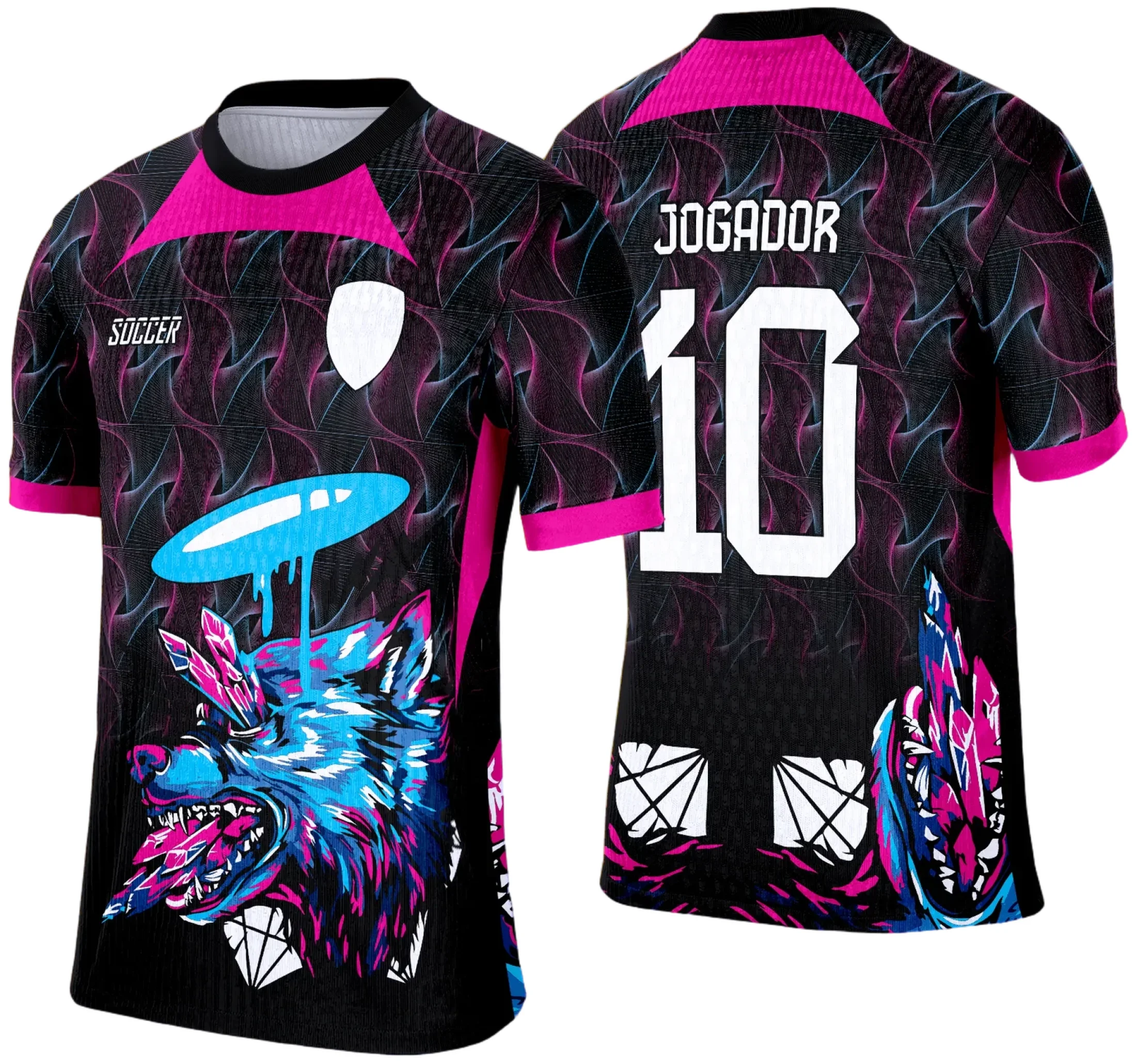 Camiseta preta unissex com logo no peito e estampa grande nas costas mostrando um lobo imponente, tema Interclasse 2025.