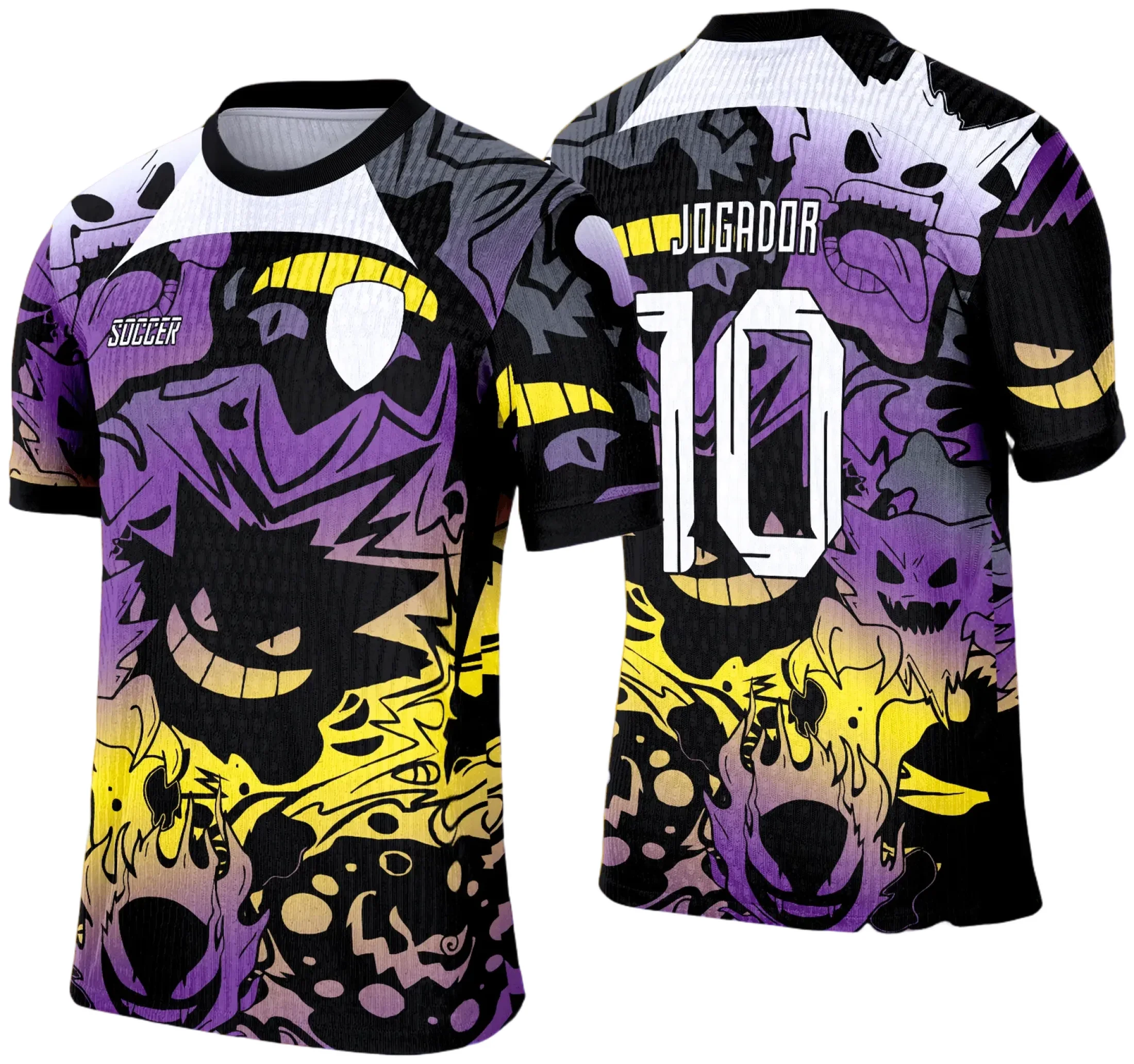 Camiseta unissex preta com logo no peito e estampa grande nas costas mostrando o personagem Pokemon Gengar na Camisa de Interclasse 2025