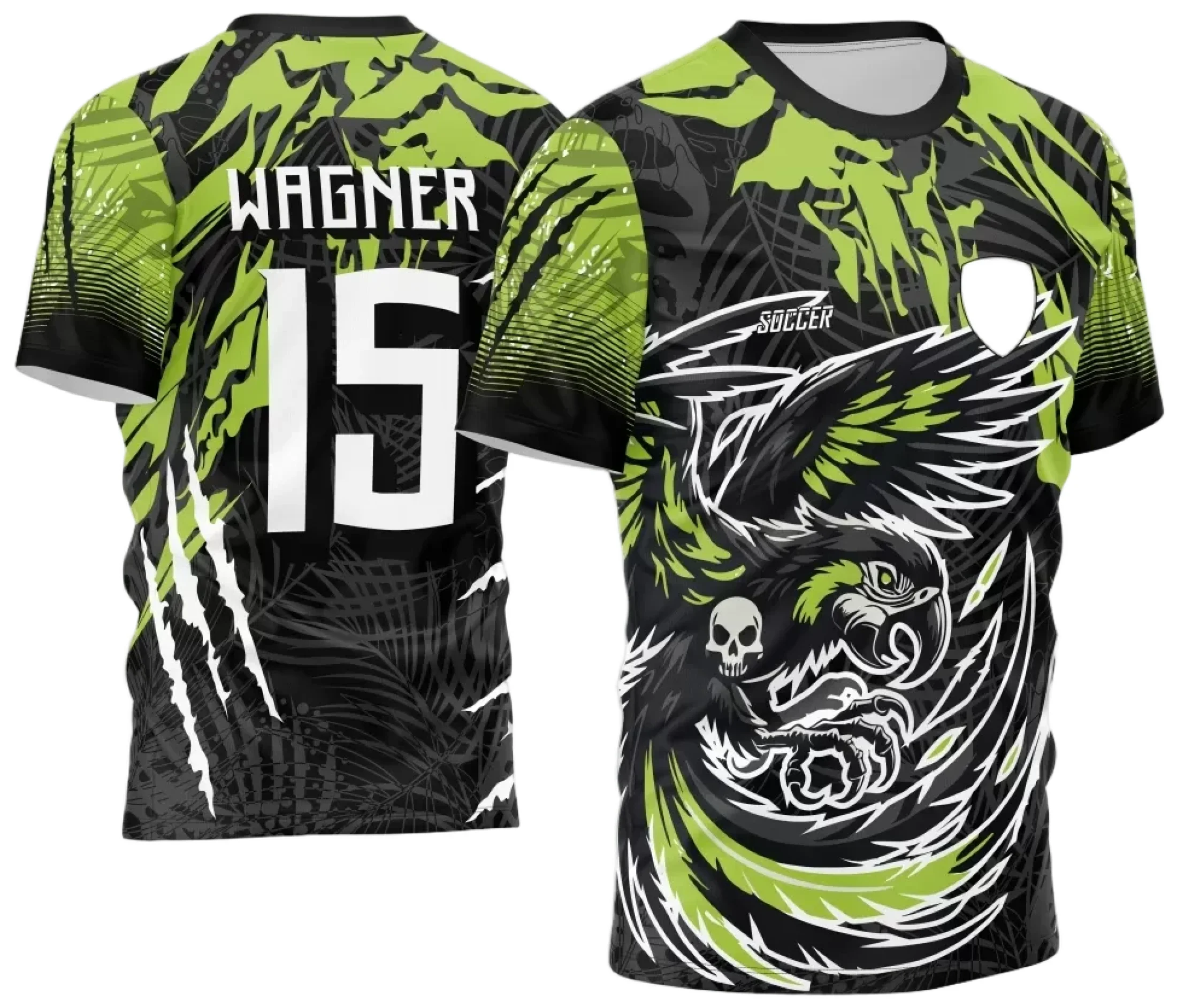 Camiseta unissex preta com logo no peito e estampa grande nas costas mostrando Arara Ataque 2024-2025, design marcante para torcida e times escolares