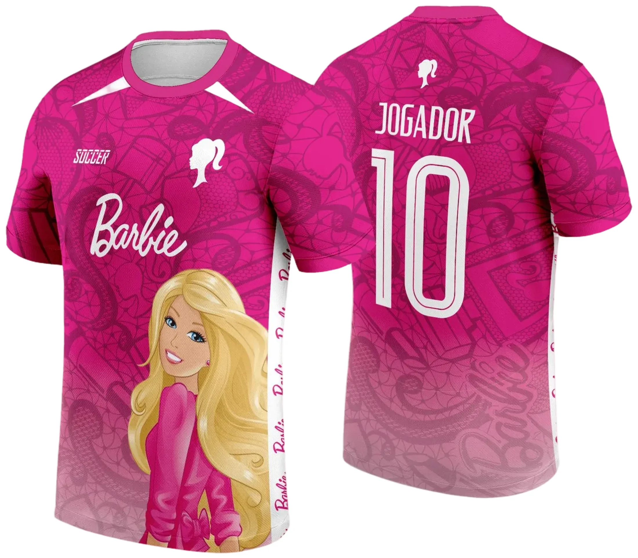Camiseta unissex branca com logo no peito e estampa grande nas costas, tema Interclasse Barbie 2024 - 2025, visual moderno e estiloso, perfeita para eventos escolares e encontros temáticos.