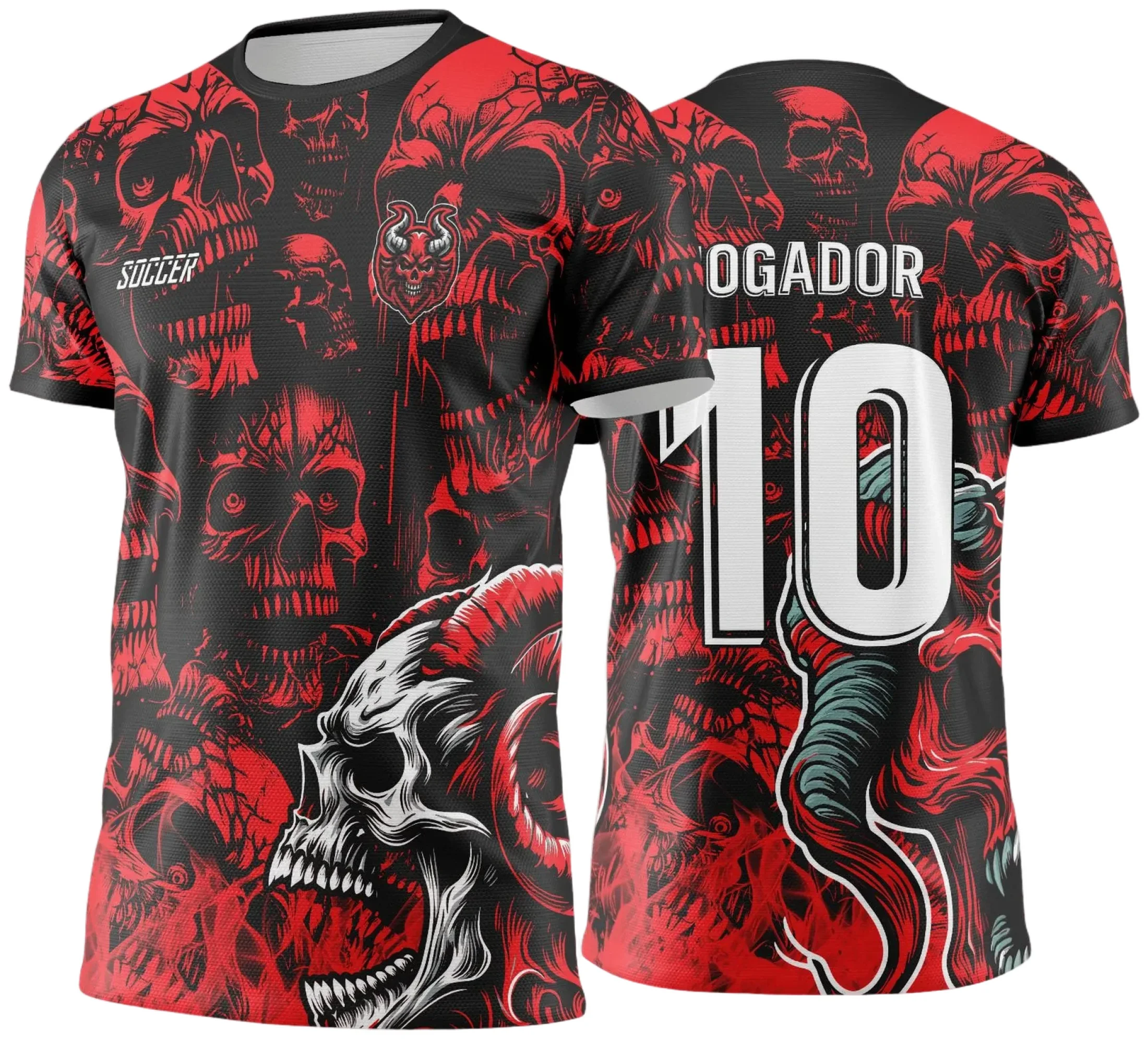 Camiseta unissex preta com logo no peito e estampa grande nas costas mostrando caveira estilizada, tema dos Jogos Internos Interclasse 2024-2025, ideal para usar em eventos esportivos e celebrações.