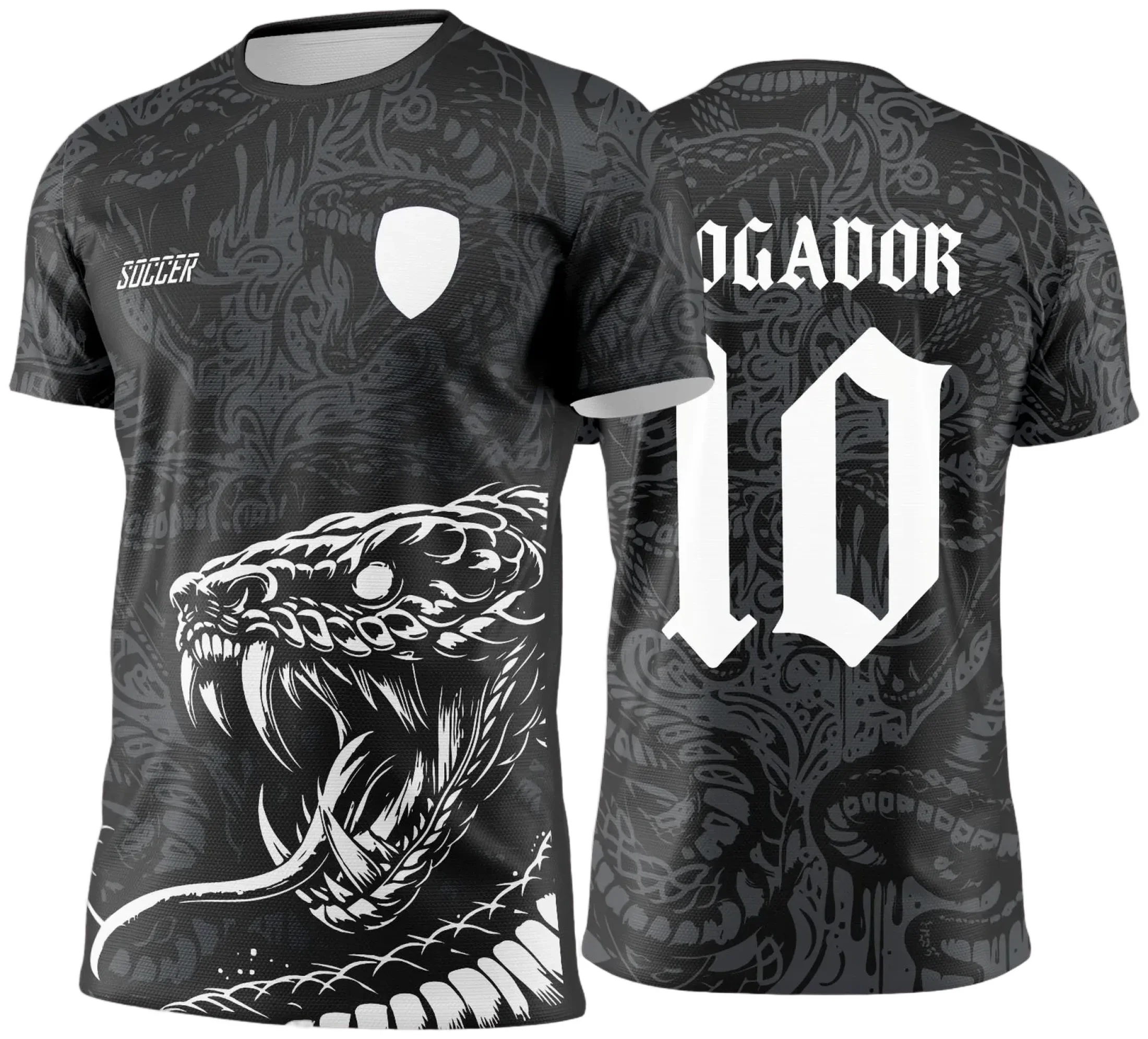 Camiseta preta unissex com logo no peito e estampa grande nas costas representando a Cobra Negra do Interclasse 2025, visual moderno e marcante ideal para torcedores e participantes.