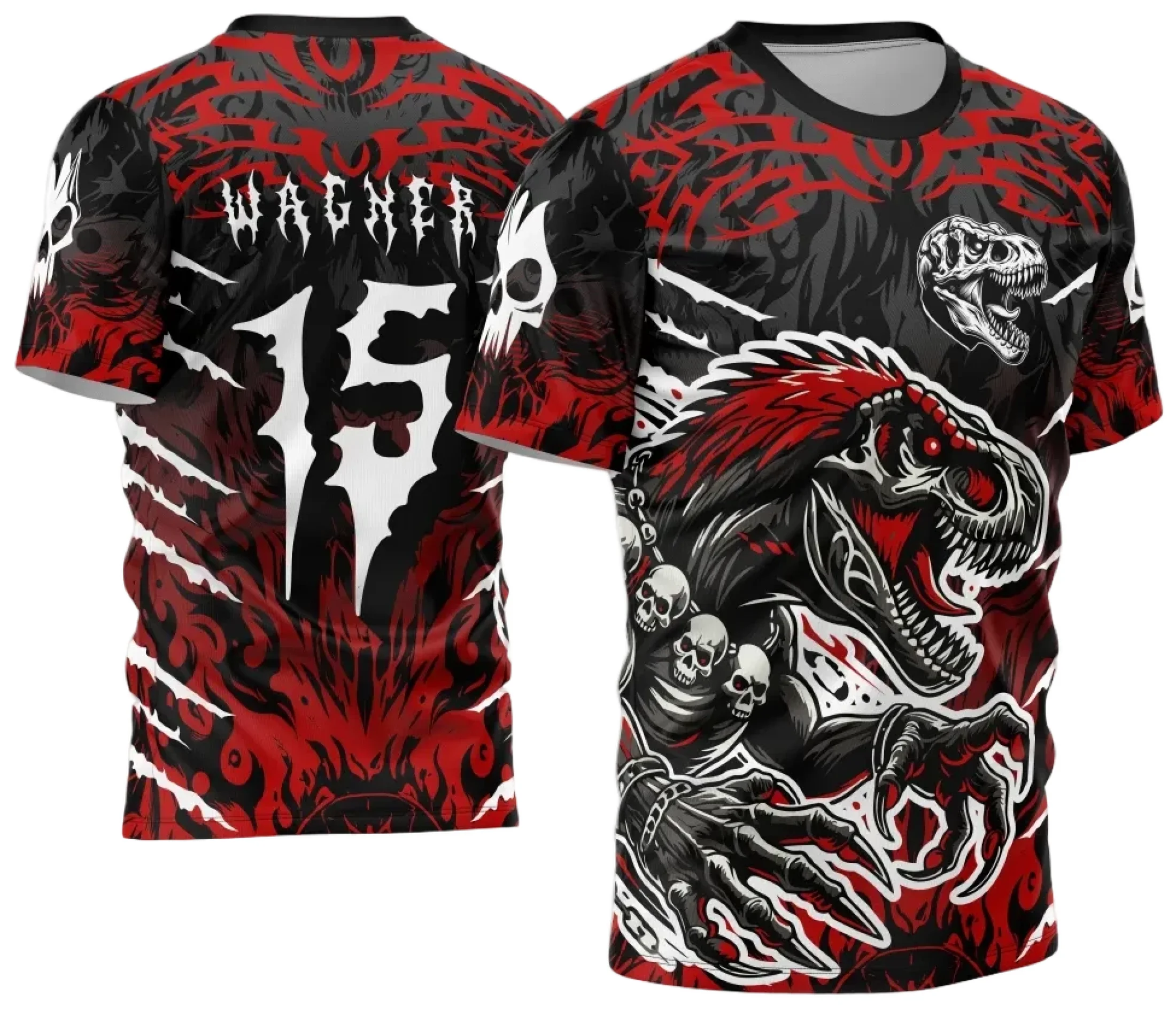 Camiseta unissex preta com logo no peito e estampa grande nas costas de Dino T-Rex 2024 2025, ideal para eventos escolar interclasse, com visual moderno e marcante.