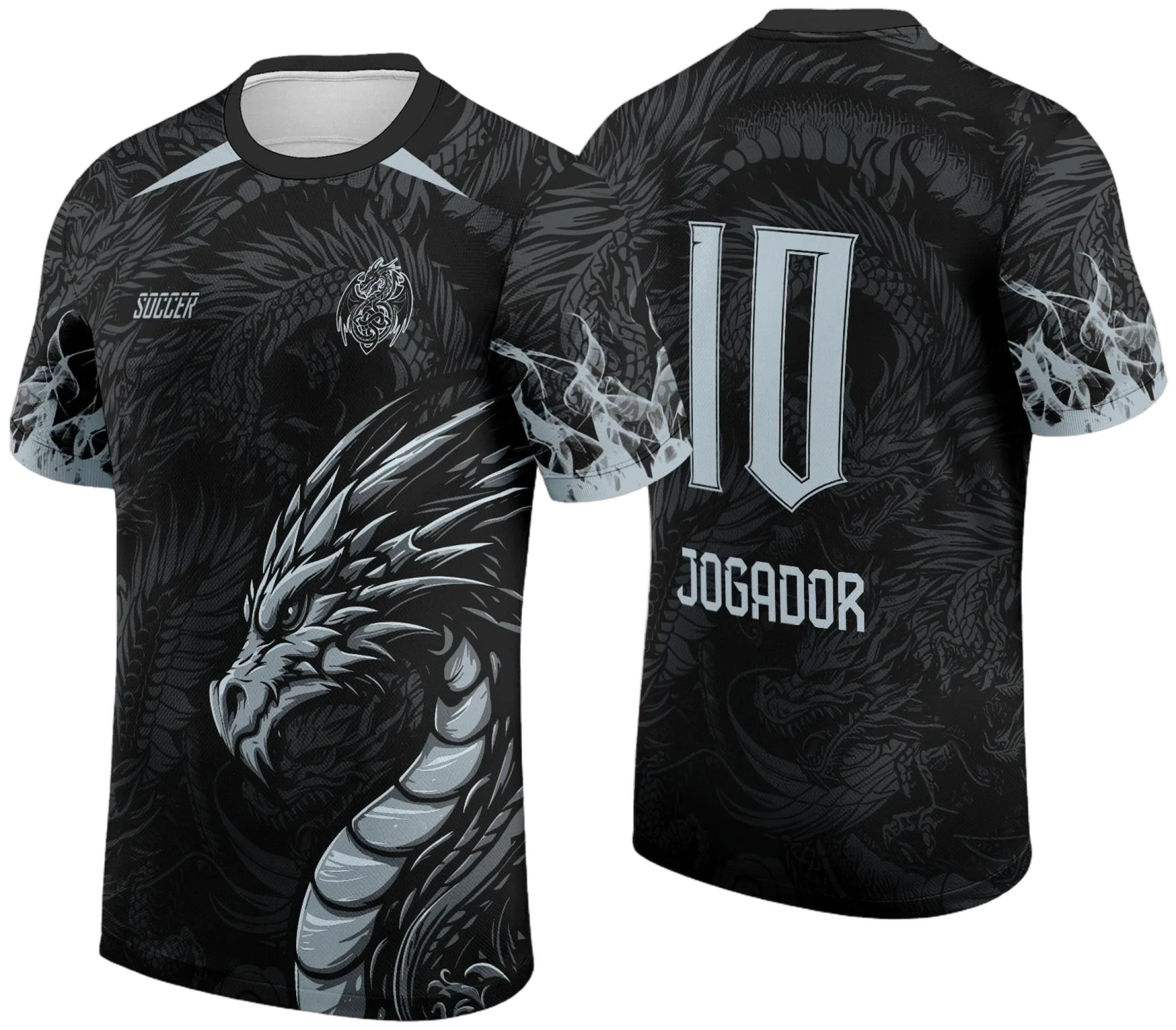 Camiseta unissex preta com logo no peito e estampa grande nas costas mostrando dragão em design para Interclasse 2024 2025.