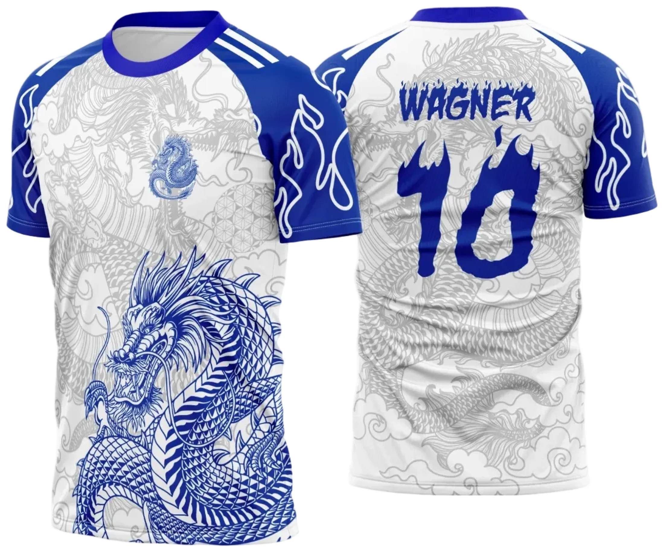 Camiseta unissex preta com logo no peito e estampa grande nas costas mostrando um dragão azul estilizado, ideal para quem busca estilo e personalidade em camisa de interclasse.