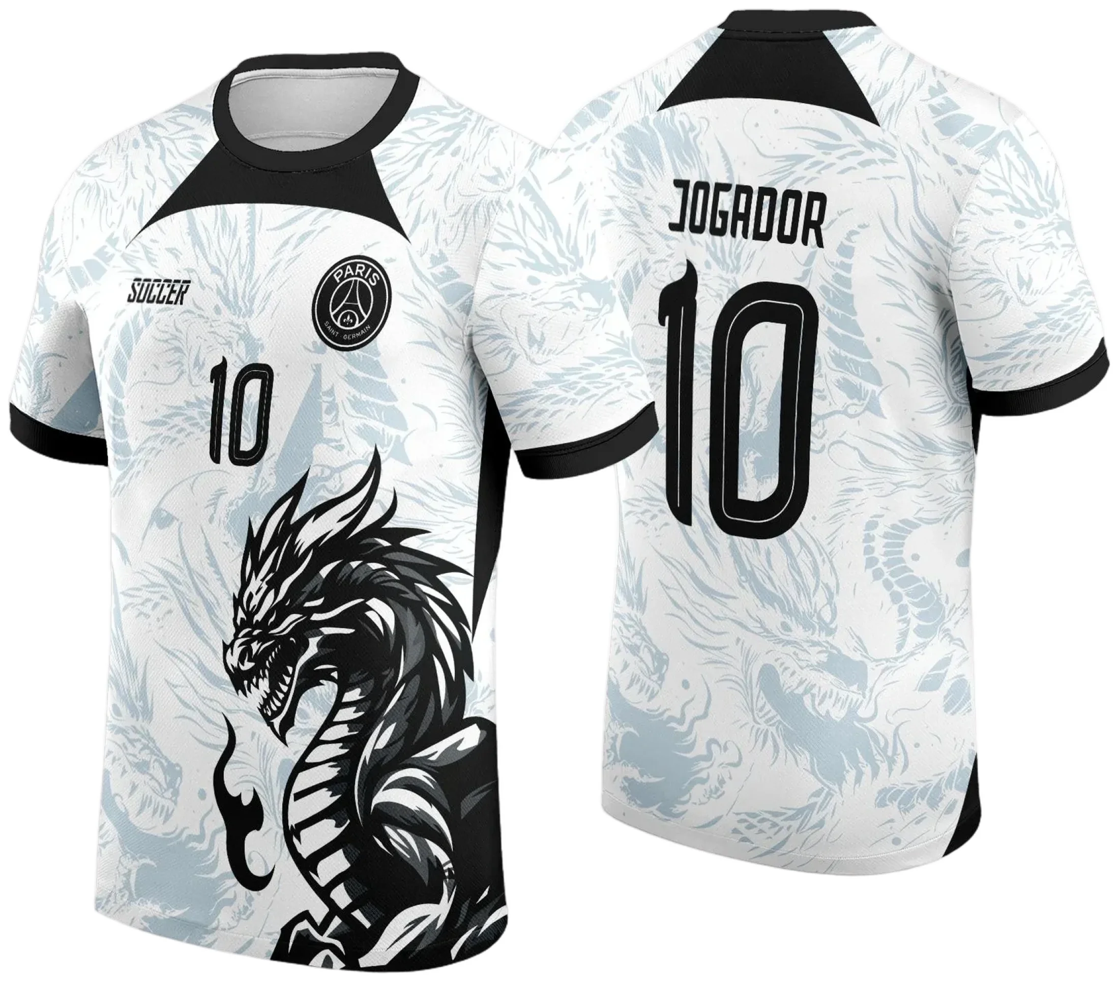 Camiseta unissex preta com logo no peito e estampa grande nas costas, mostrando um dragão branco e preto em estilo moderno para a camisa de Interclasse 2024 2025.