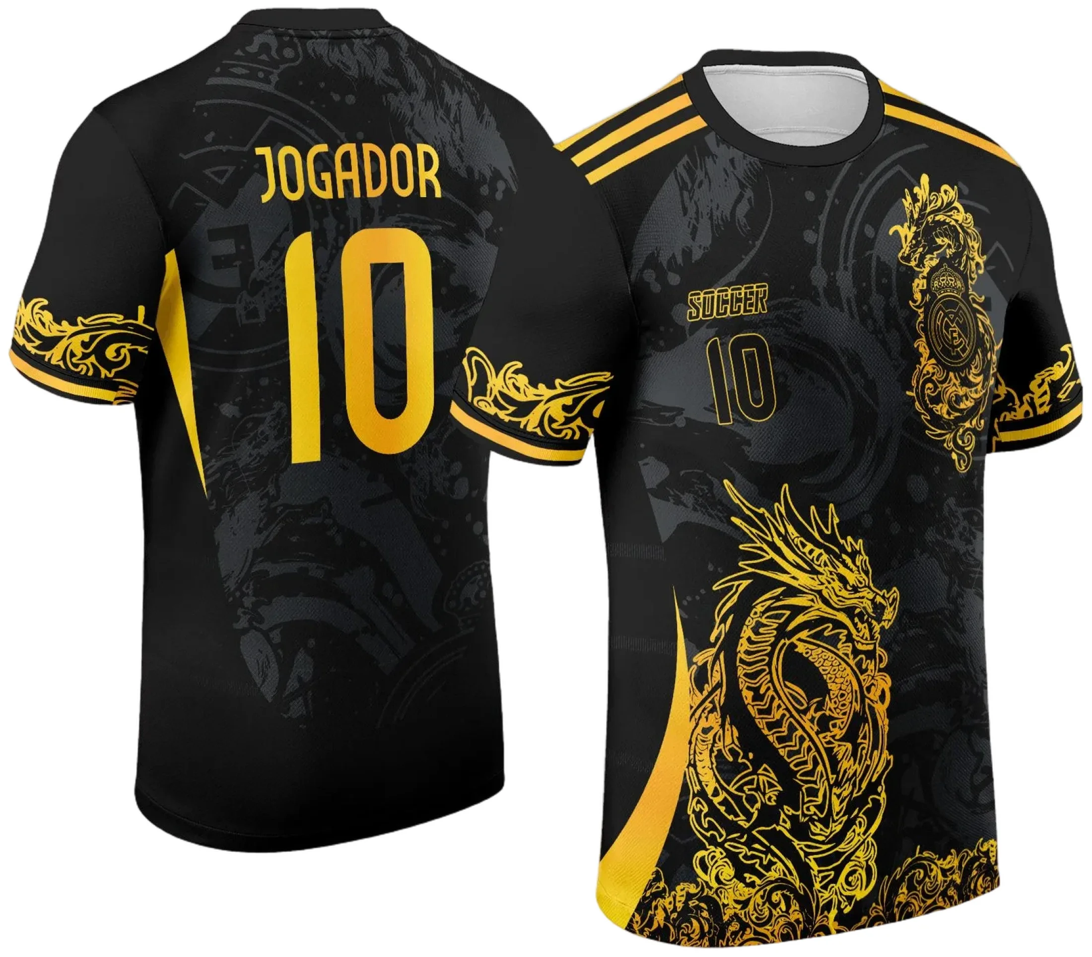 Camiseta unissex preta com logo no peito e estampa grande nas costas com tema Dragão Oriental 2024-2025, estilo interclasse, visual moderno e impactante para uso casual ou eventos esportivos.