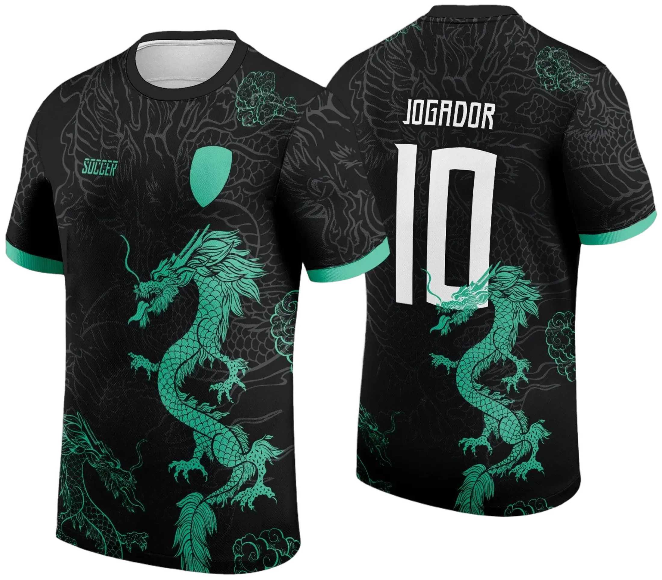 Camiseta unissex preta com logo no peito e estampa grande nas costas mostrando dragão verde, tema Interclasse 2024-2025, visual marcante e moderno.