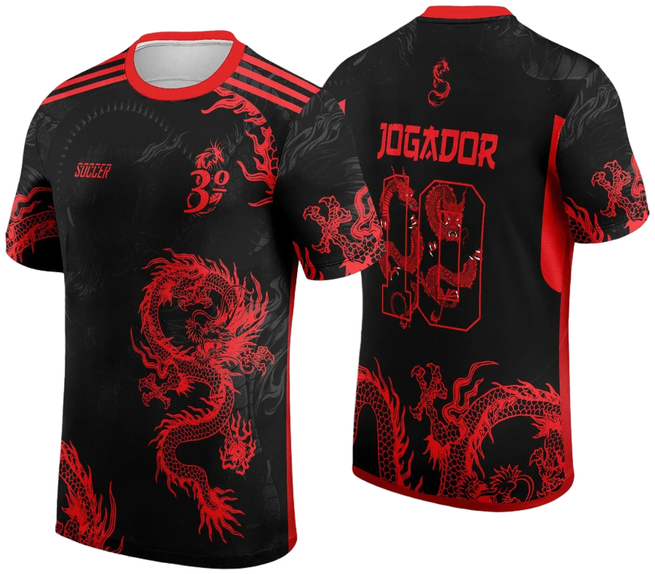 Camiseta unissex preta com logo no peito e estampa grande nas costas com tema Dragão Vermelho inspirado no Interclasse 2024-2025, design vibrante e estilo moderno.