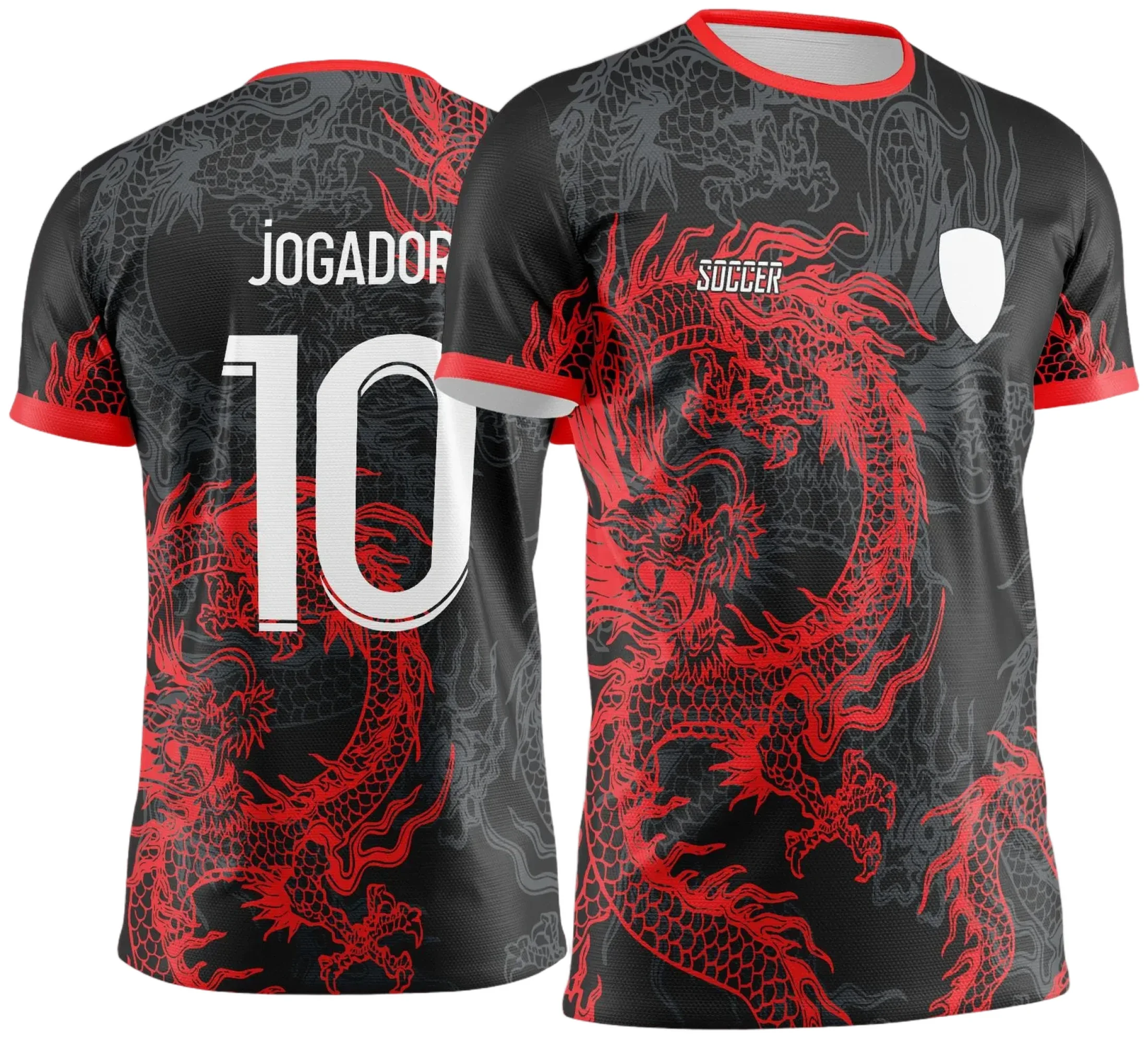 Camiseta unissex preta com logo no peito e estampa grande nas costas mostrando dragão vermelho em design de Interclasse 2025, ideal para fãs e grupos escolares.