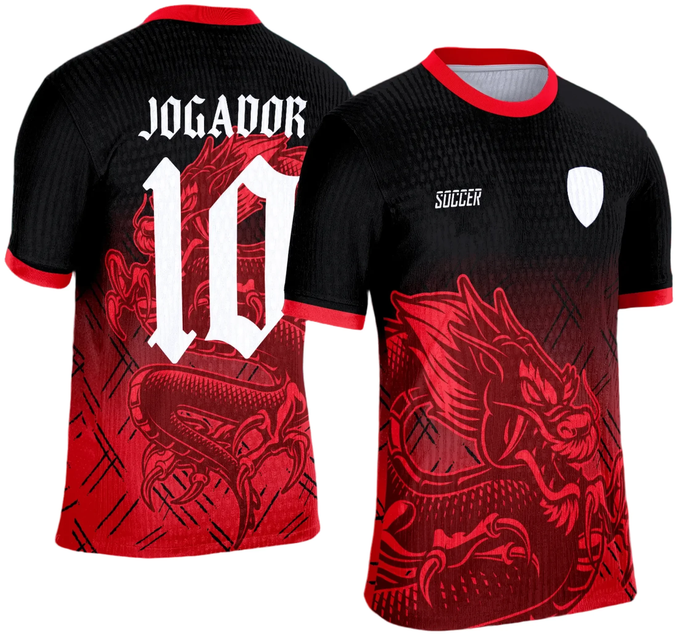 Camiseta unissex preta com logo no peito e estampa grande nas costas de dragão vermelho inspirado na competição escolar de interclasse 2025.