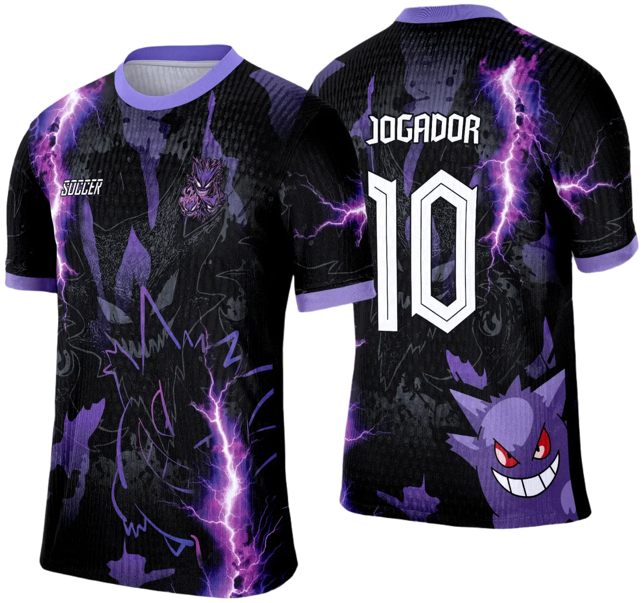 Camiseta unissex preta com logo no peito e estampa grande nas costas mostrando Pokemon Gengar, ideal para uniformes escolares 2025 destacando o tema divertido e misterioso do personagem.