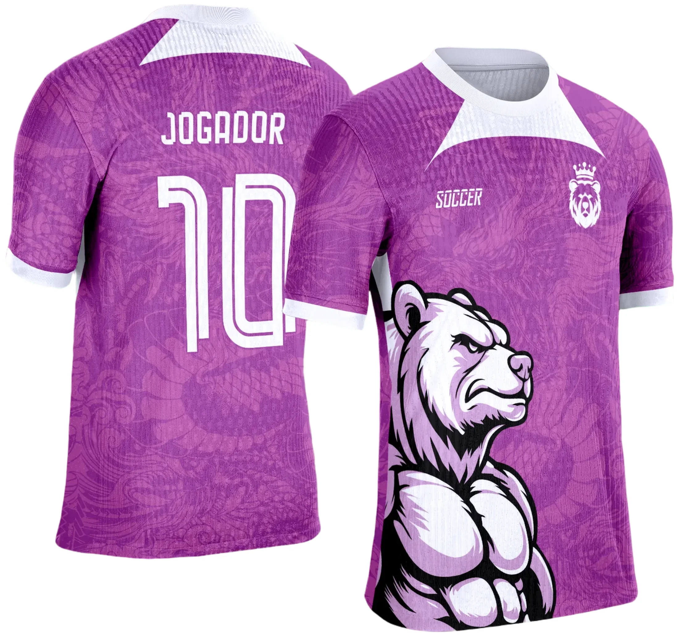 Camiseta unissex branca com logo no peito e estampa grande nas costas de Urso Rosa para Interclasse Escolar 2025, design moderno e vibrante, perfeita para eventos escolares.