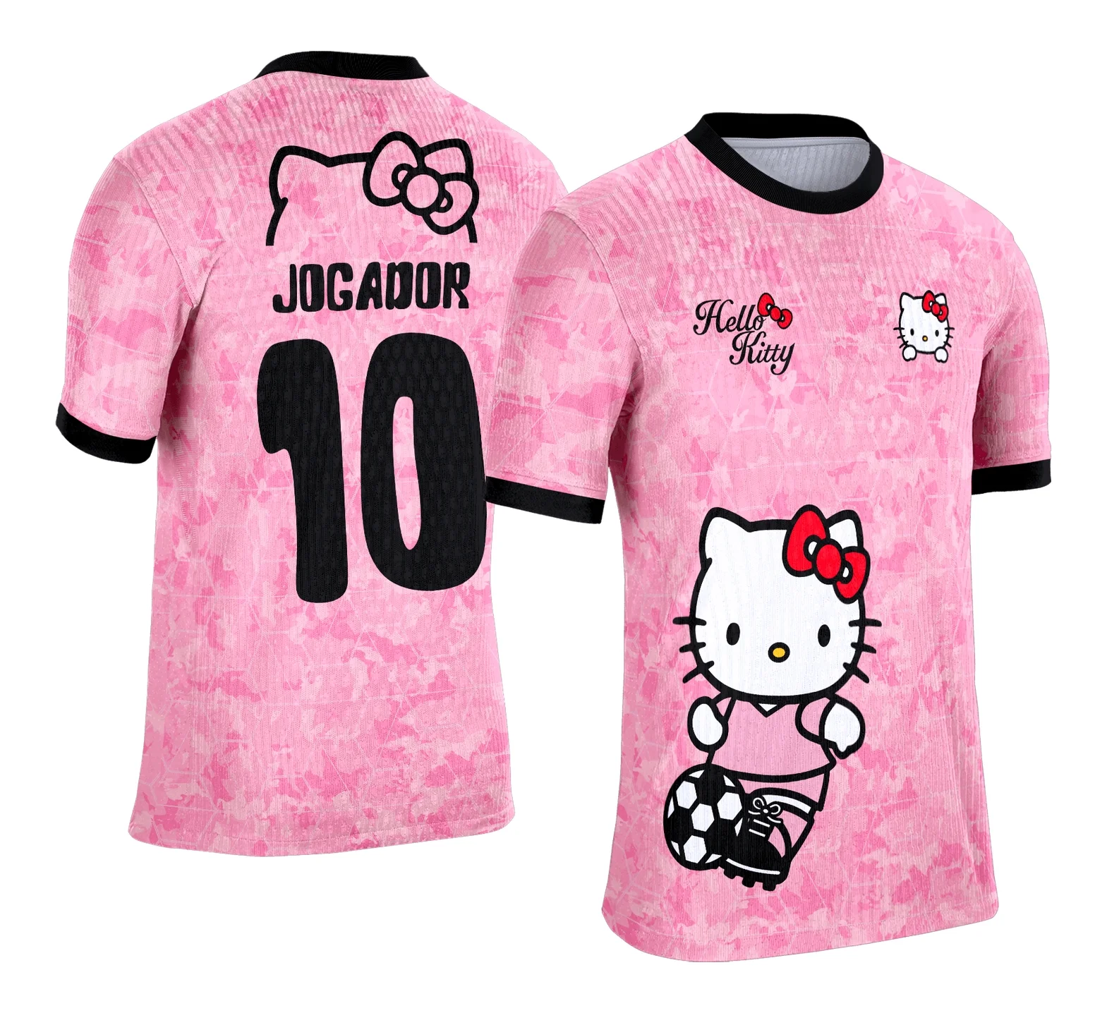 Camiseta unissex branca com logo no peito e estampa grande nas costas do tema Camisa de Interclasse Hello Kitty, ideal para eventos e uso casual com visual descontraído.