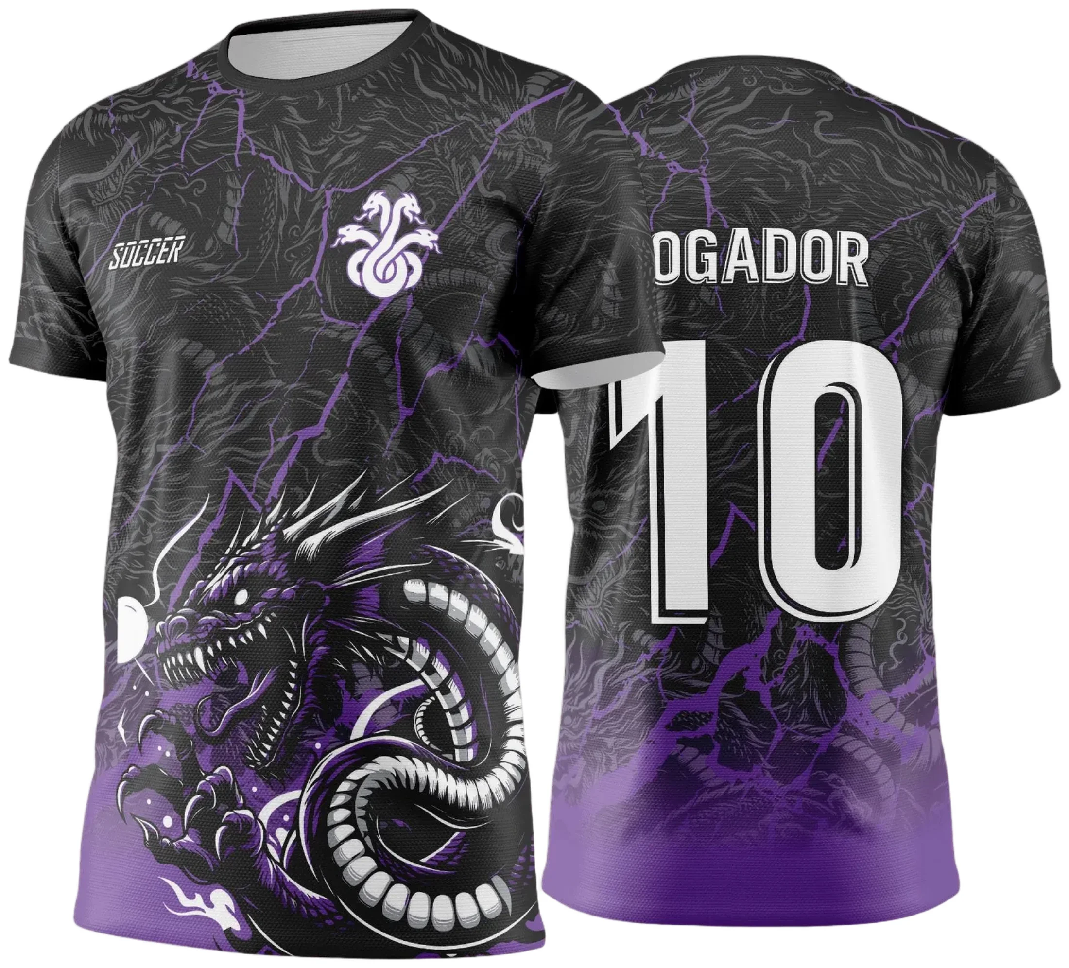 Camiseta unissex preta com logo no peito e estampa grande nas costas com design de dragão hidra para jogos internos 2024 e 2025, perfeita para eventos esportivos e escolares.