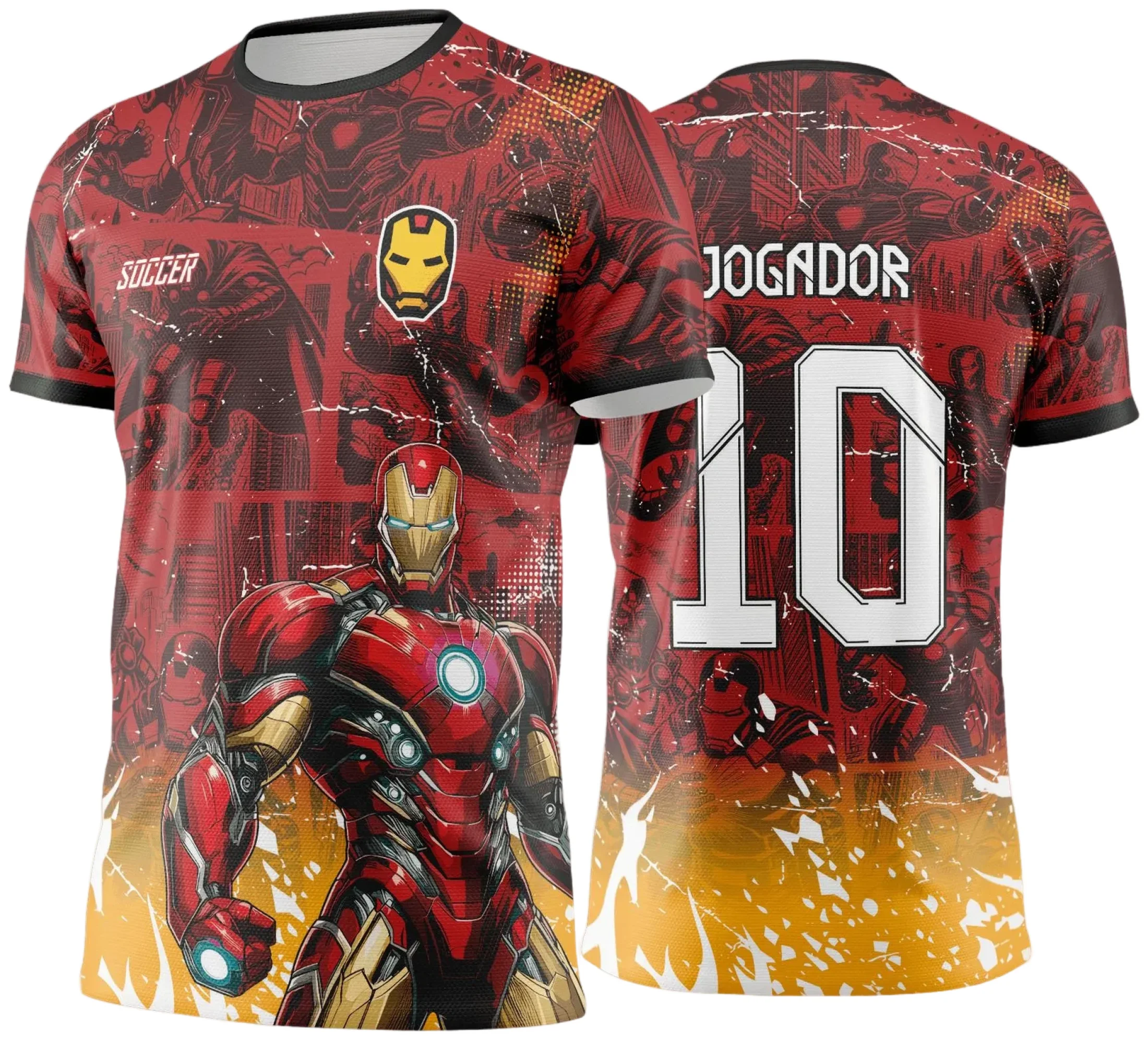 Camiseta unissex preta com logo no peito e estampa grande nas costas do Homem de Ferro para Jogos Internos 2024 2025, ideal para eventos de interclasse.