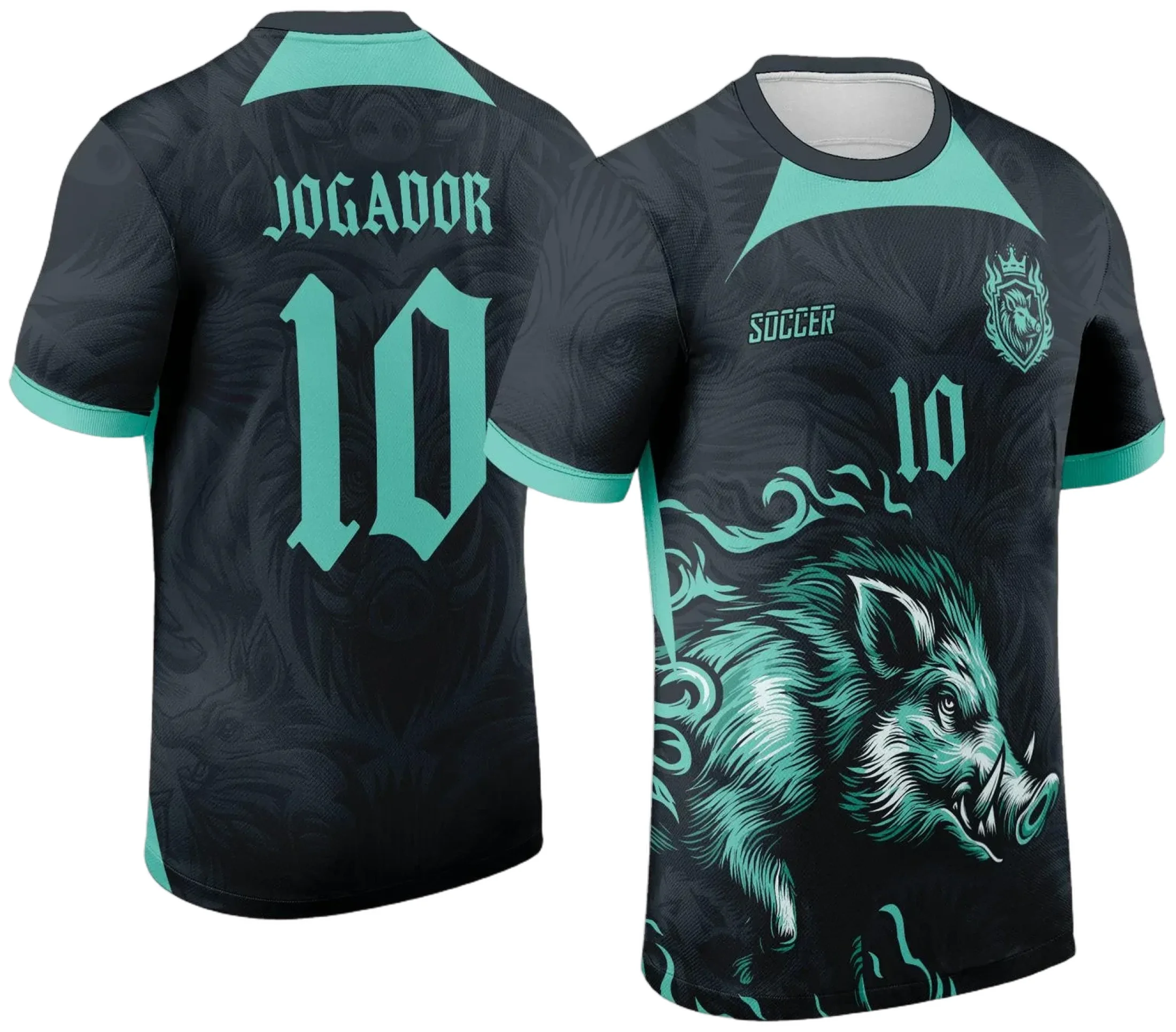 Camiseta unissex preta com logo no peito e estampa grande nas costas do tema Interclasse Javali 2024 - 2025, estilo moderno e esportivo para eventos e times escolares.