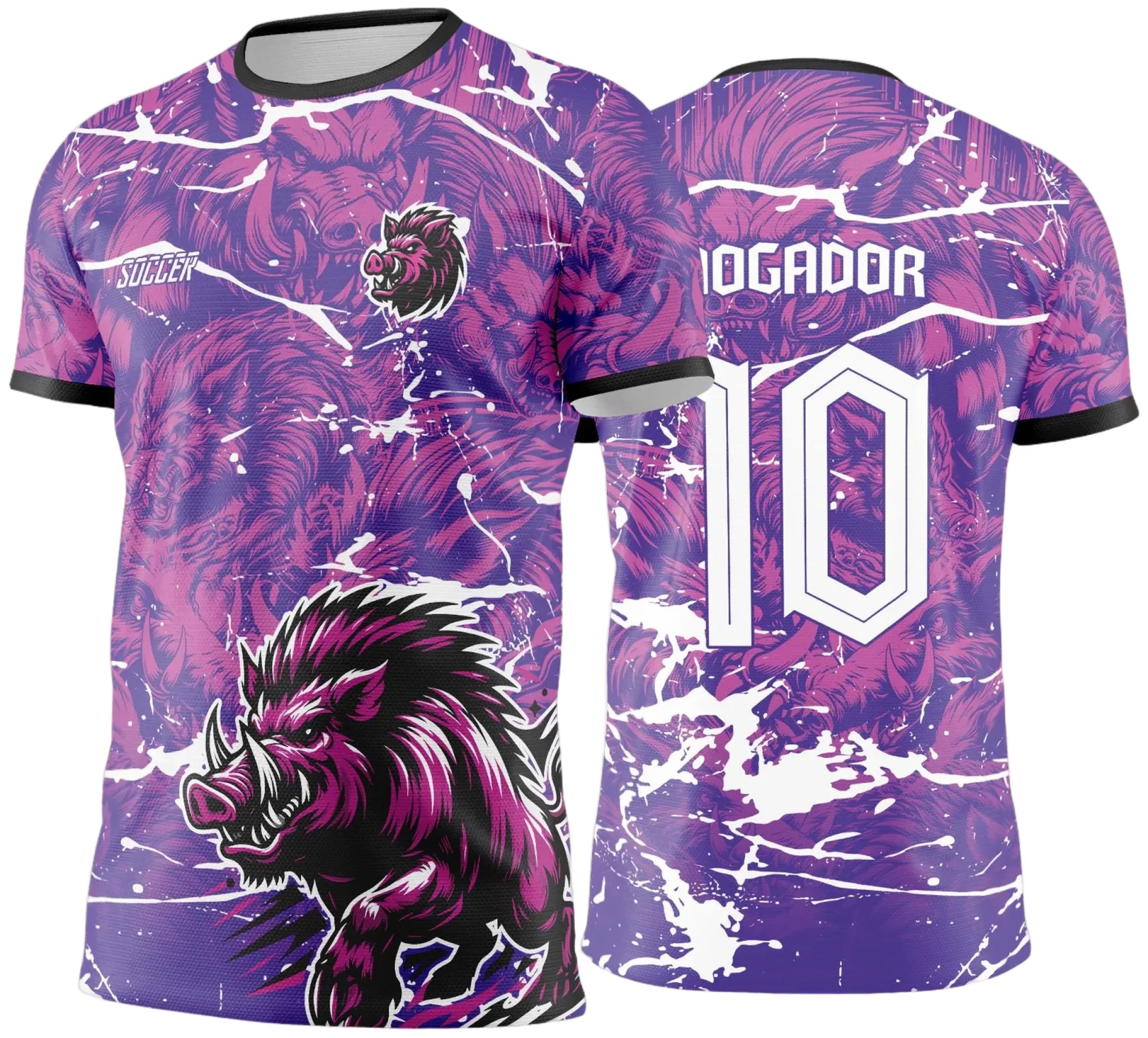 Camiseta unissex preta com logo no peito e estampa grande nas costas com tema de Interclasse Javali Jogos Internos 2024 2025, estilo ideal para eventos esportivos e confraternizações.