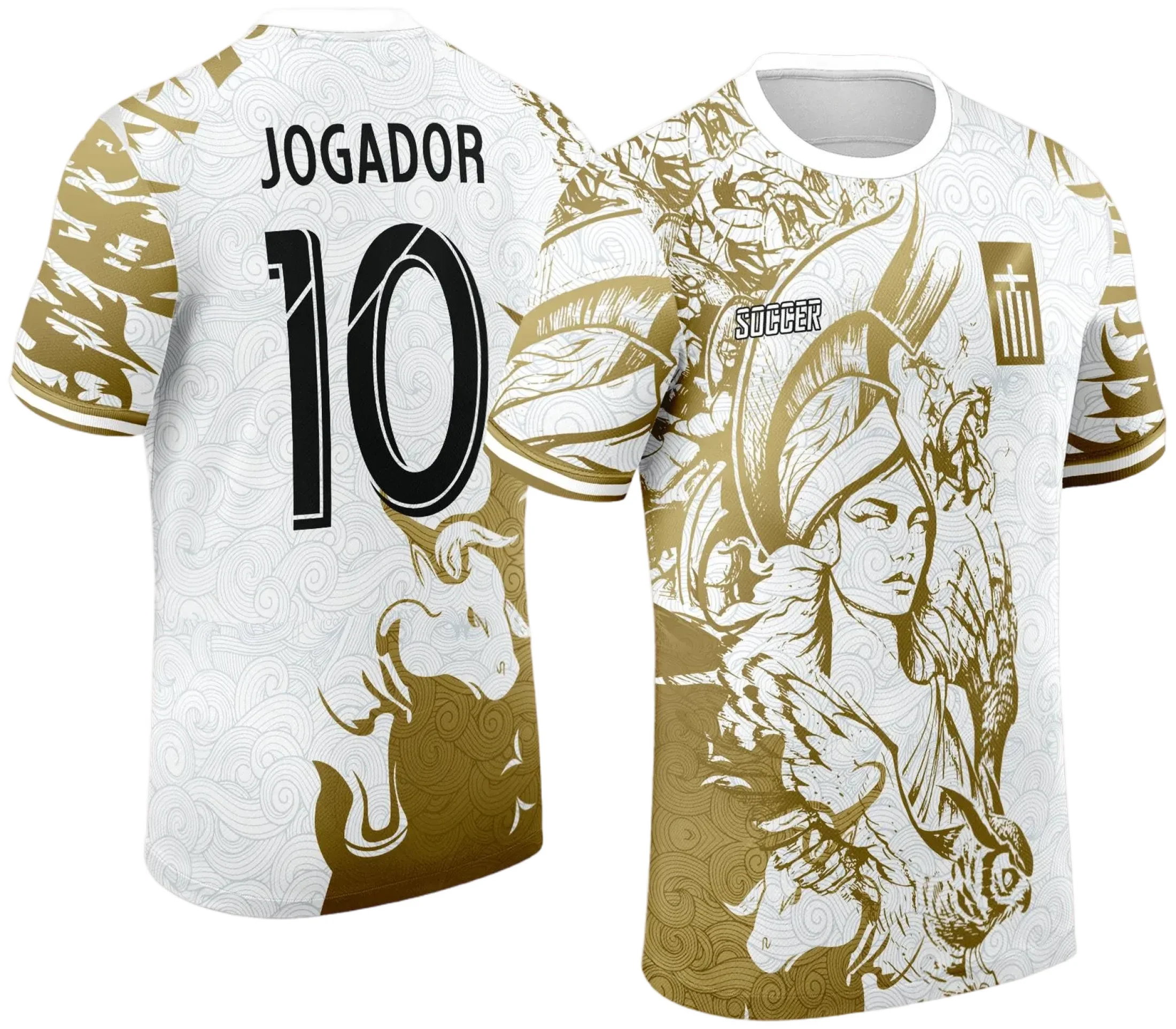 Camiseta unissex com logo no peito e estampa grande nas costas, na cor branca, com tema de Jogos Internos Atena 2024, ideal para eventos esportivos e reuniões de equipes.