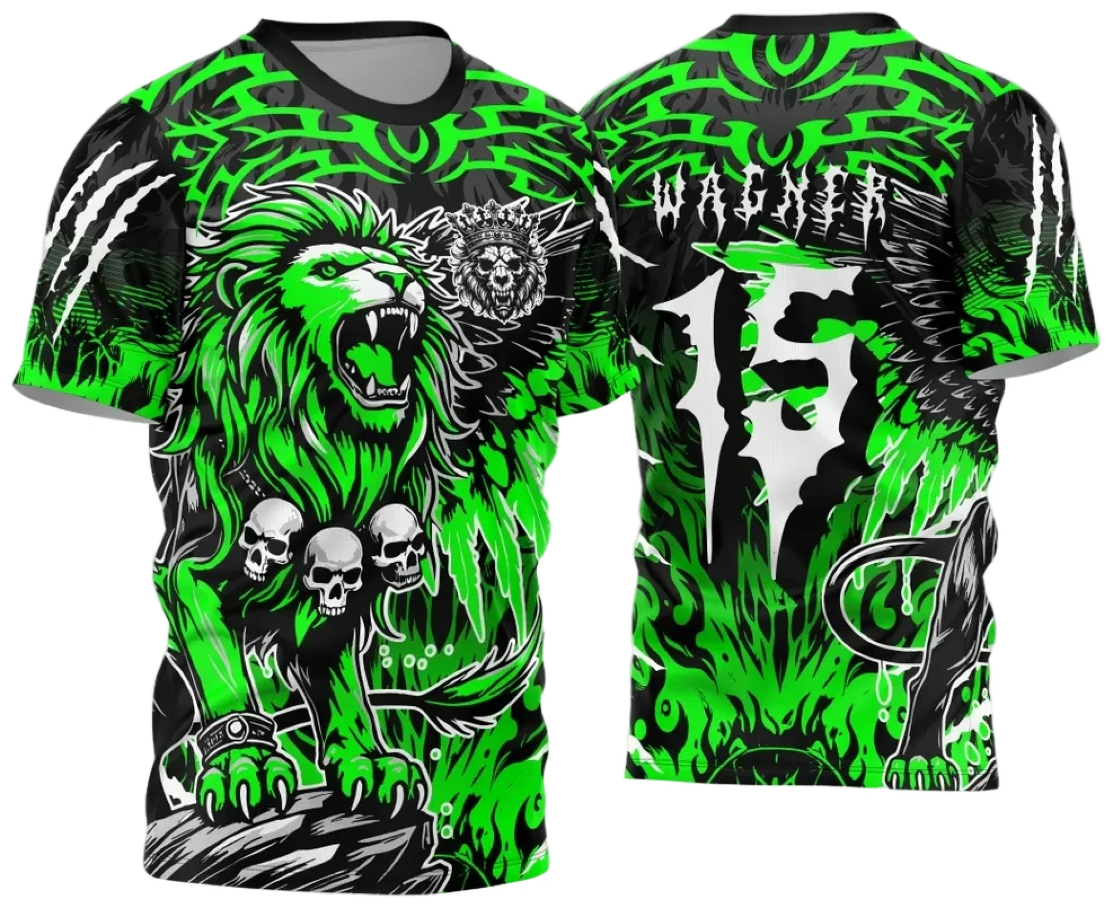 Camiseta unissex preta com logo no peito e estampa grande nas costas mostrando o tema Interclasse Leão 2024 - 2025, design moderno e vibrante perfeito para torcida e eventos escolares.