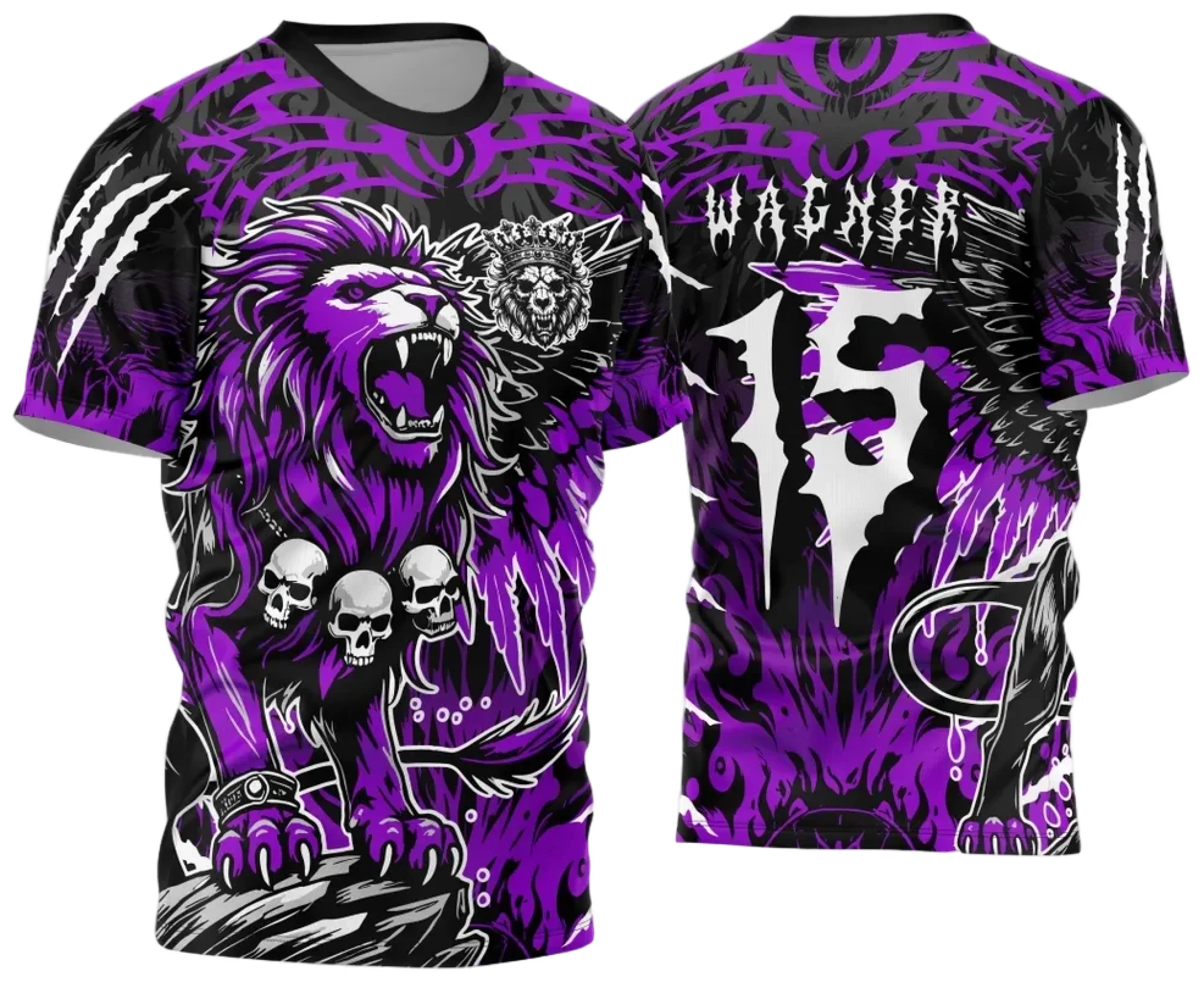 Camiseta unissex preta com logo no peito e estampa grande nas costas, tema Camisa de Interclasse Leão 2024 - 2025, feita para eventos e uso casual.