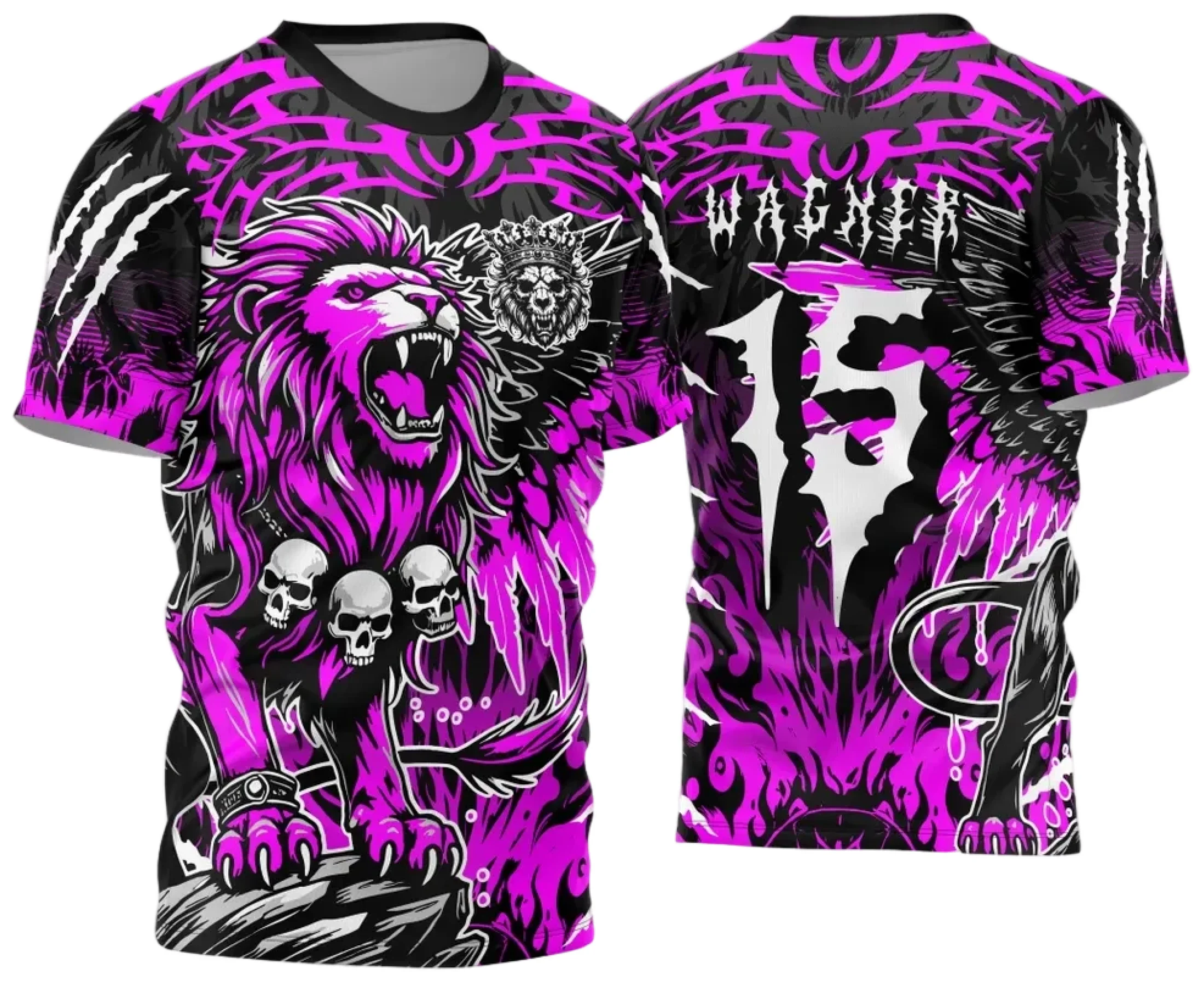 Camiseta unissex preta com logo no peito e estampa grande nas costas, destacando o tema Interclasse Leão 2024 - 2025, ideal para eventos escolares e turmas.