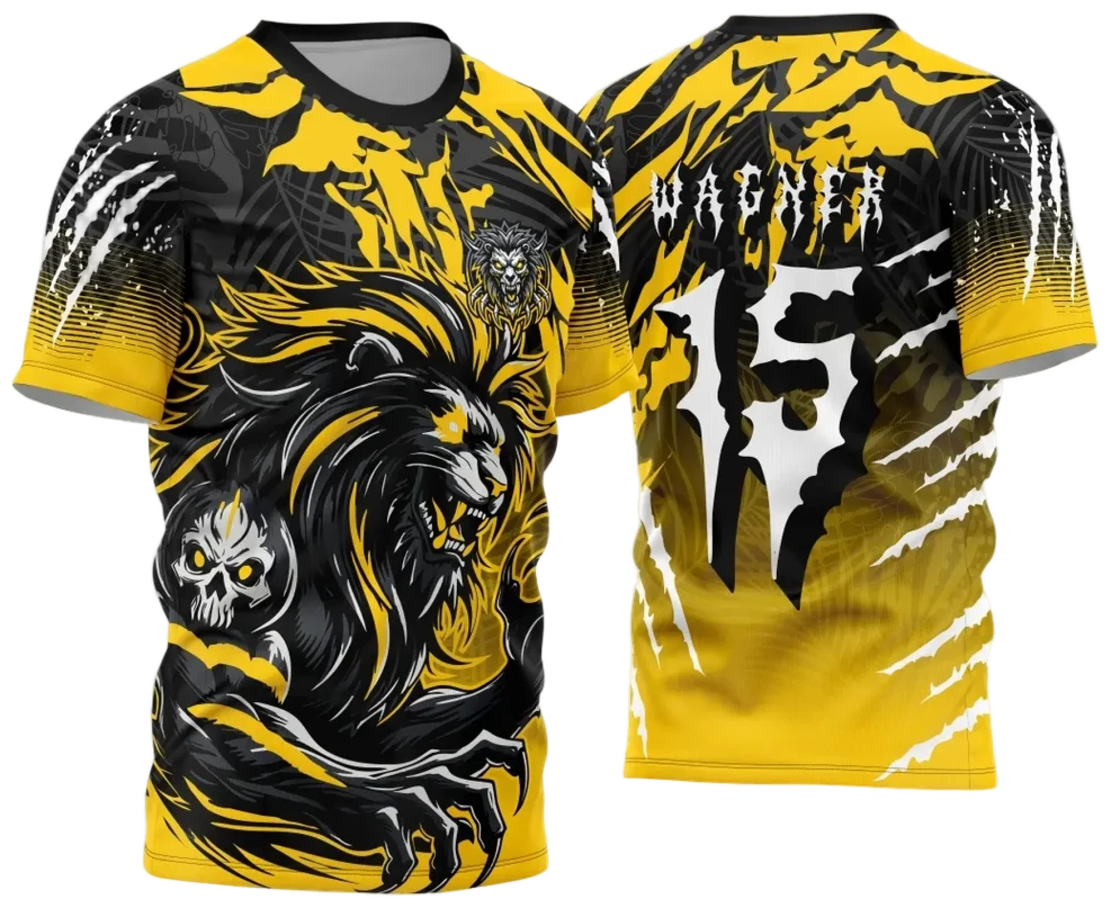 Camiseta unissex preta com logo no peito e estampa grande nas costas do Leão Amarelo do Interclasse 2024 - 2025, perfeita para uso em eventos escolares e turma.