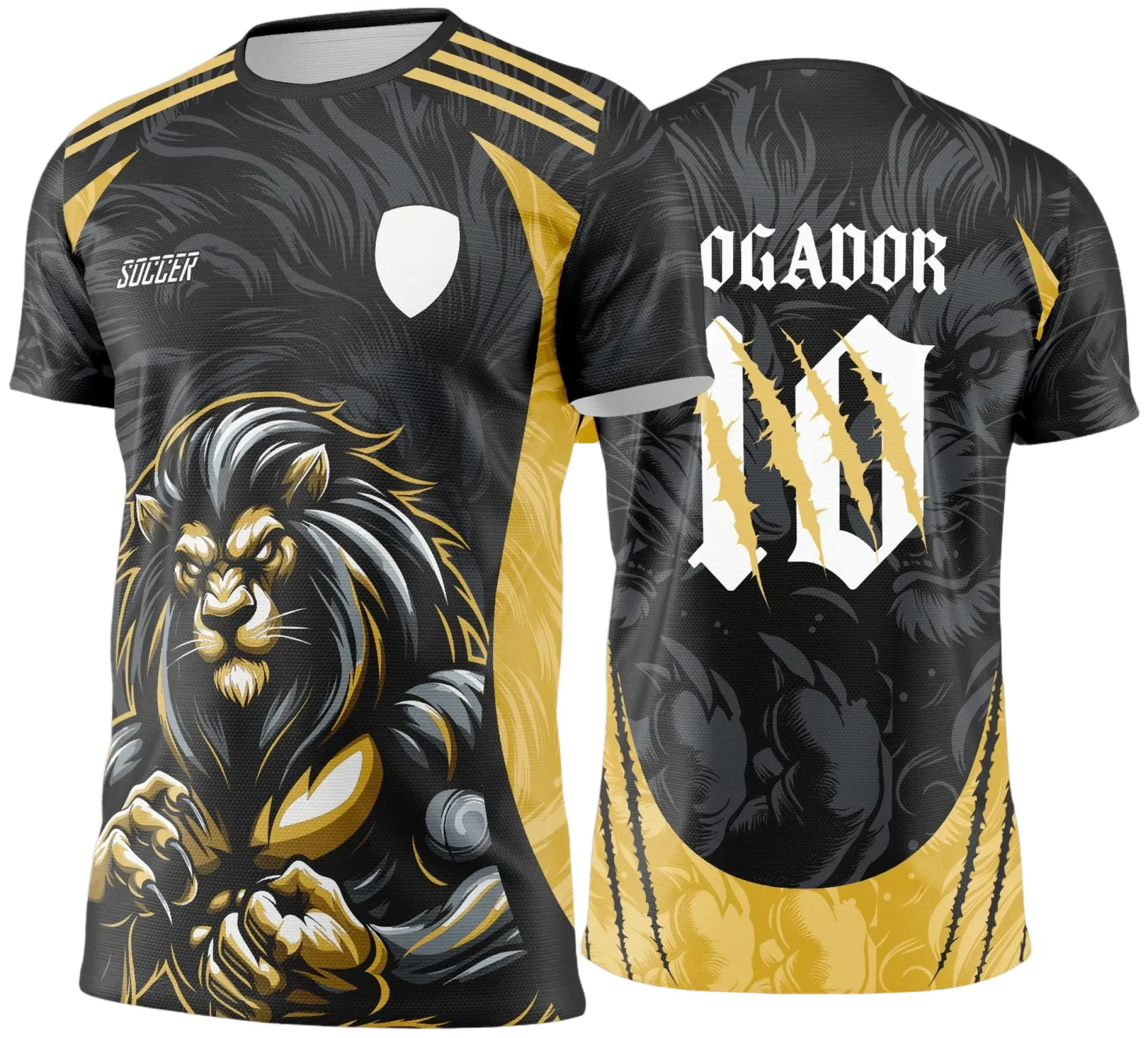 Camiseta unissex preta com logo no peito e estampa grande nas costas do Leão Dourado do Interclasse 2025, modelo moderno e confortável, ideal para eventos e uso diário.