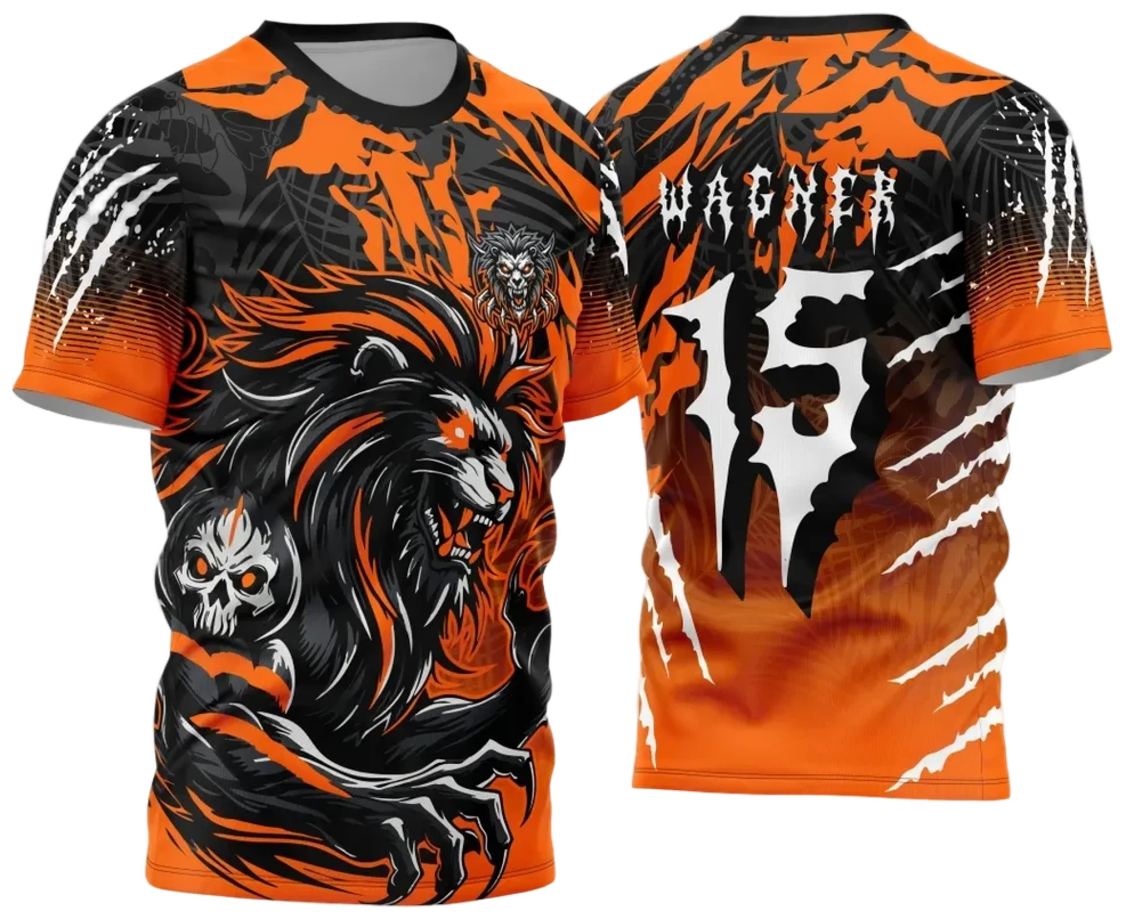 Camiseta unissex preta com logo no peito e estampa grande nas costas, destacando o tema Interclasse Leão Laranja 2024-2025, perfeita para eventos e coleções exclusivas.