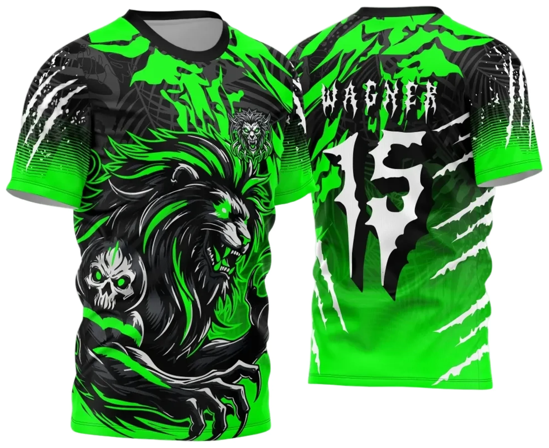 Camiseta unissex preta com logo no peito e estampa grande nas costas com tema Leão Verde Interclasse 2024 2025, ideal para eventos escolares e atividades em grupo.