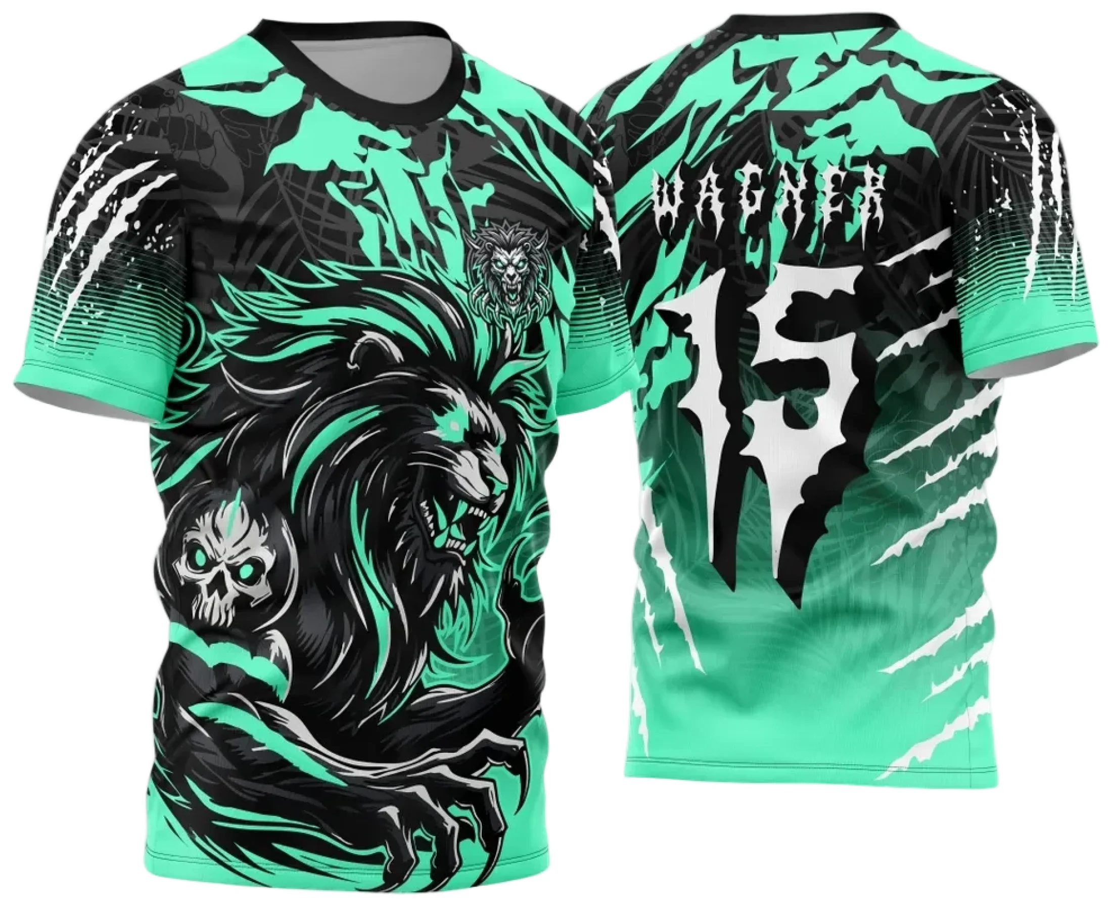 Camiseta unissex preta com logo no peito e estampa grande nas costas, tema Interclasse Leão Verde 2024 2025, perfeita para usar em eventos escolares e esportivos.