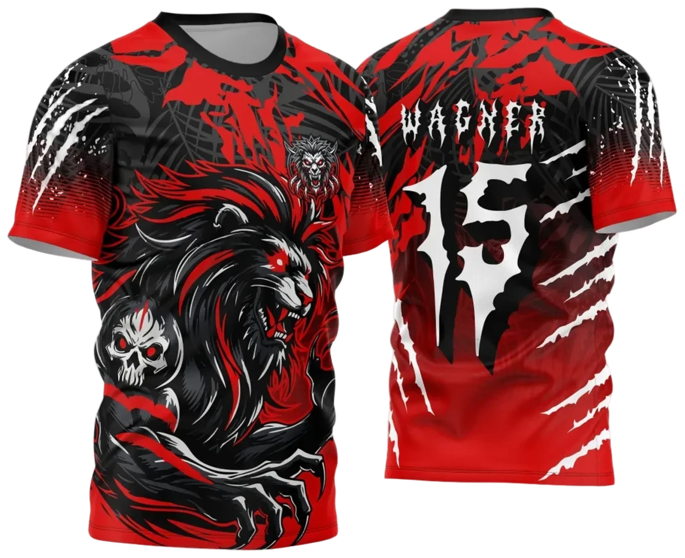 Camiseta unissex preta com logo no peito e estampa grande nas costas do Leão Vermelho 2024-2025, design vibrante e moderno que destaca a força e a união do interclasse.