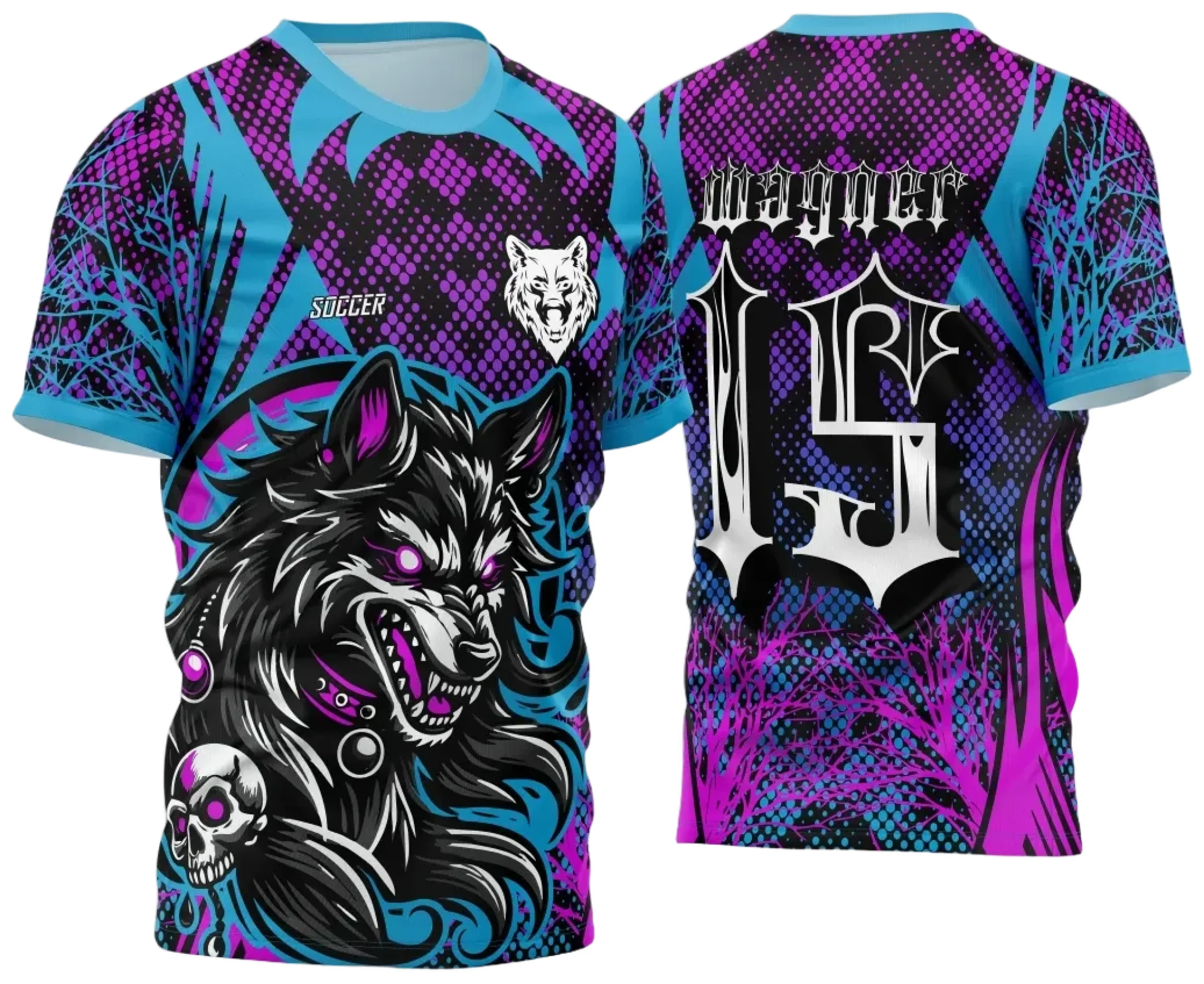 Camiseta unissex preta com logo no peito e estampa grande nas costas mostrando Lobo Degrade interclasse 2024-2025, design moderno e marcante para torcida ou eventos escolares.