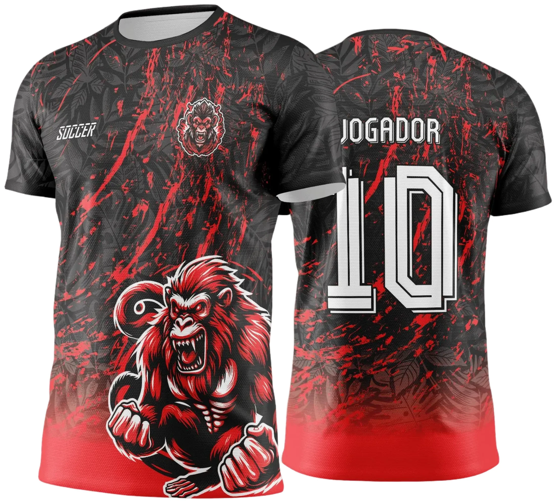 Camiseta unissex preta com logo no peito e estampa grande nas costas, tema Macaco, usada nos Jogos Internos 2024-2025, ideal para eventos esportivos e confraternizações.
